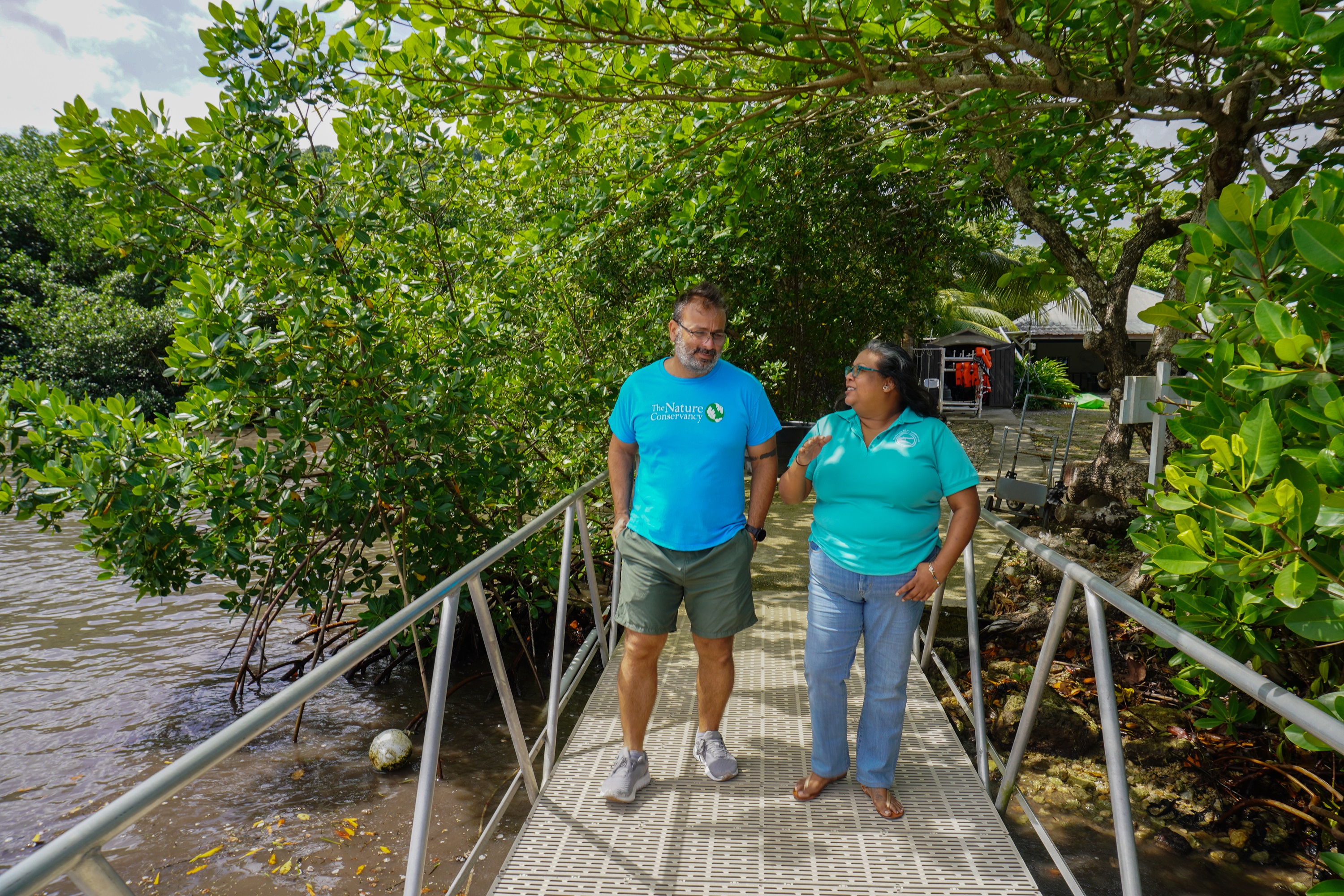 A man and a woman walk across a bridge under mangrove trees.
