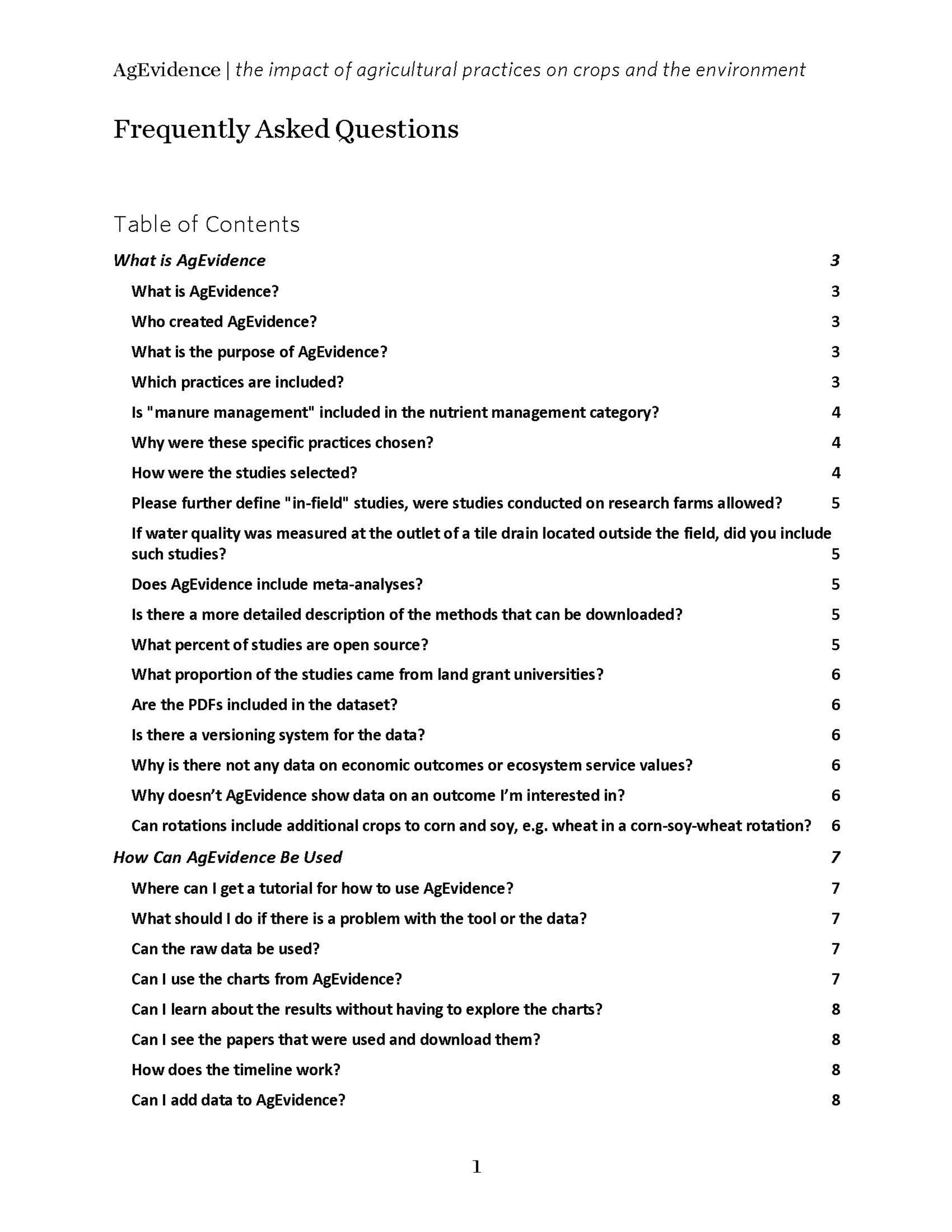 Cover of AgEvidence FAQ document.