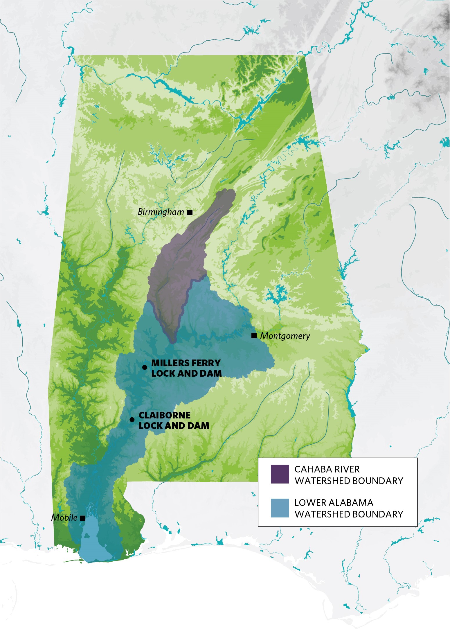 Map displaying rivers, locks and dams in Alabama.