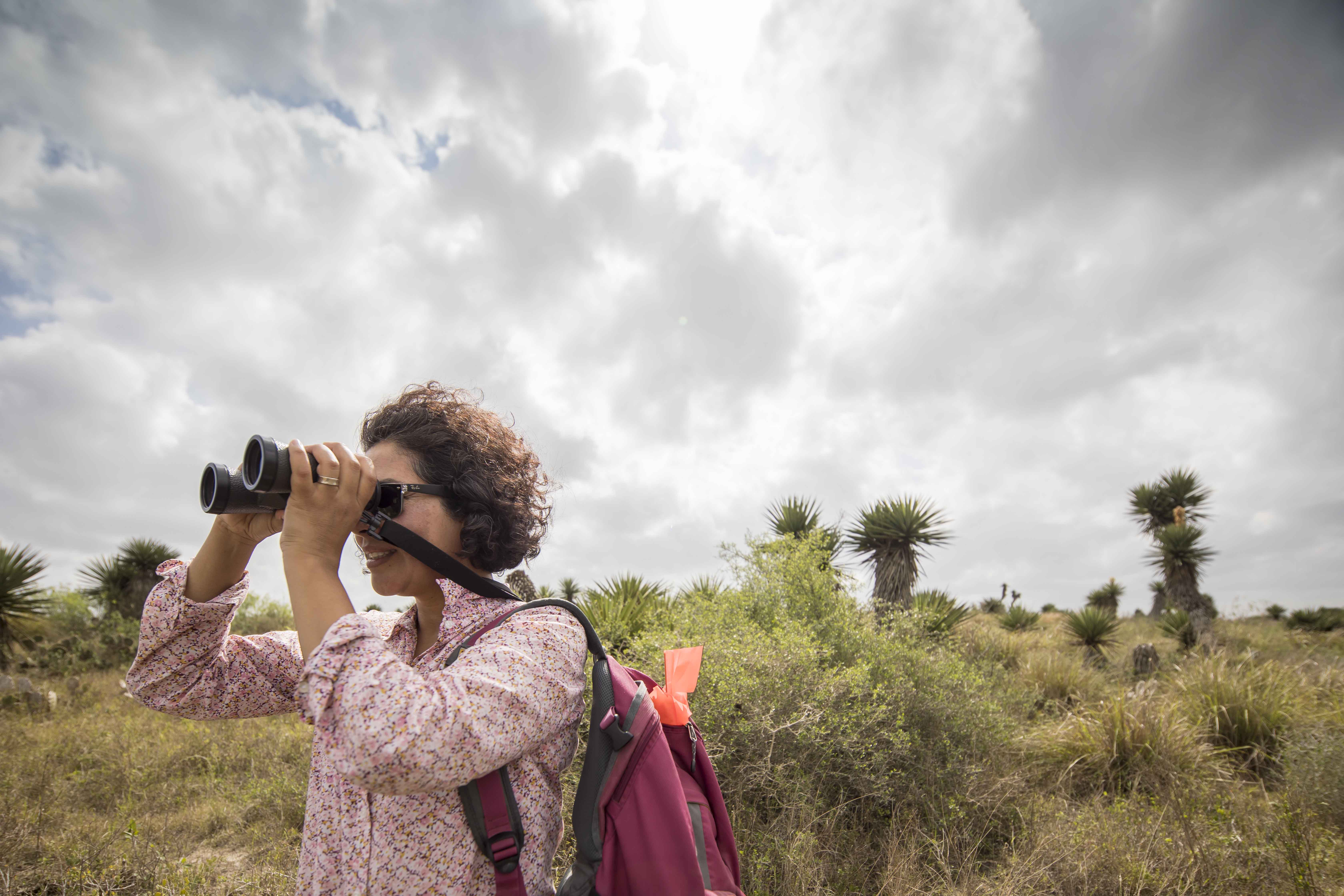 A woman looks through binoculars in shrubland.