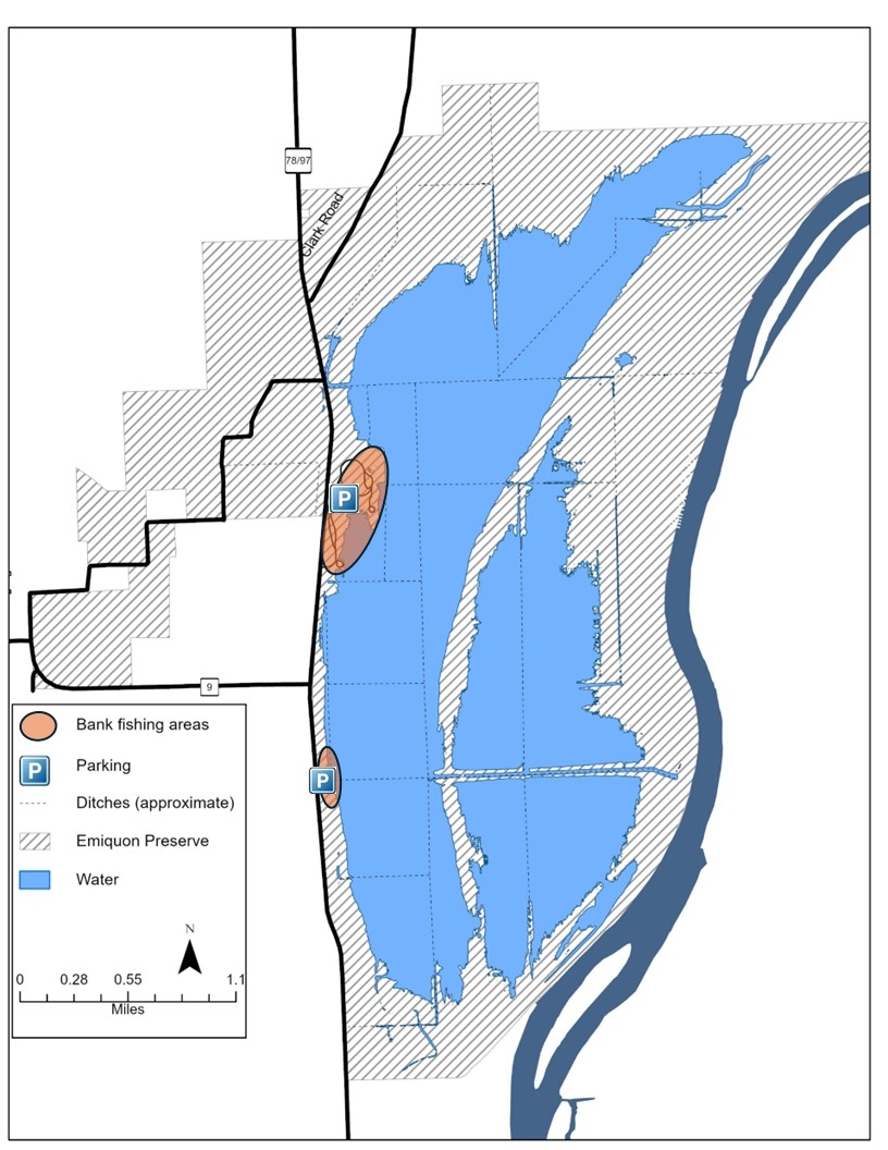 Location of bank fishing at Emiquon highlighted on a map.