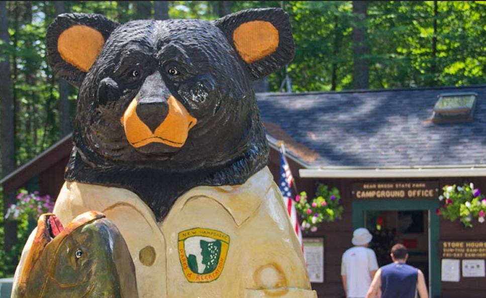 A carved wooden bear stands in front of a building.