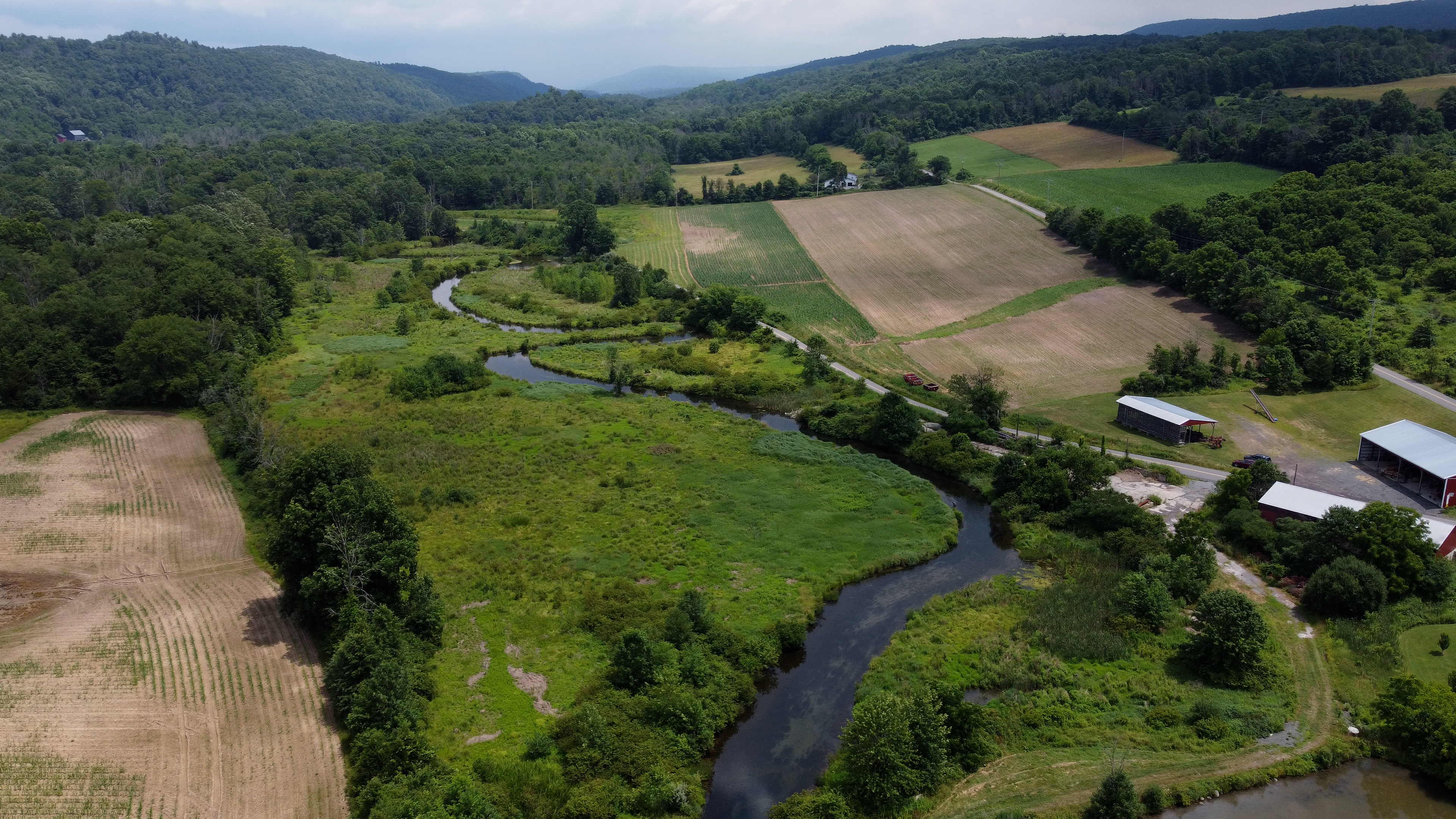 An aerial photo of a body of a stream winding through a farm field and into a forest.