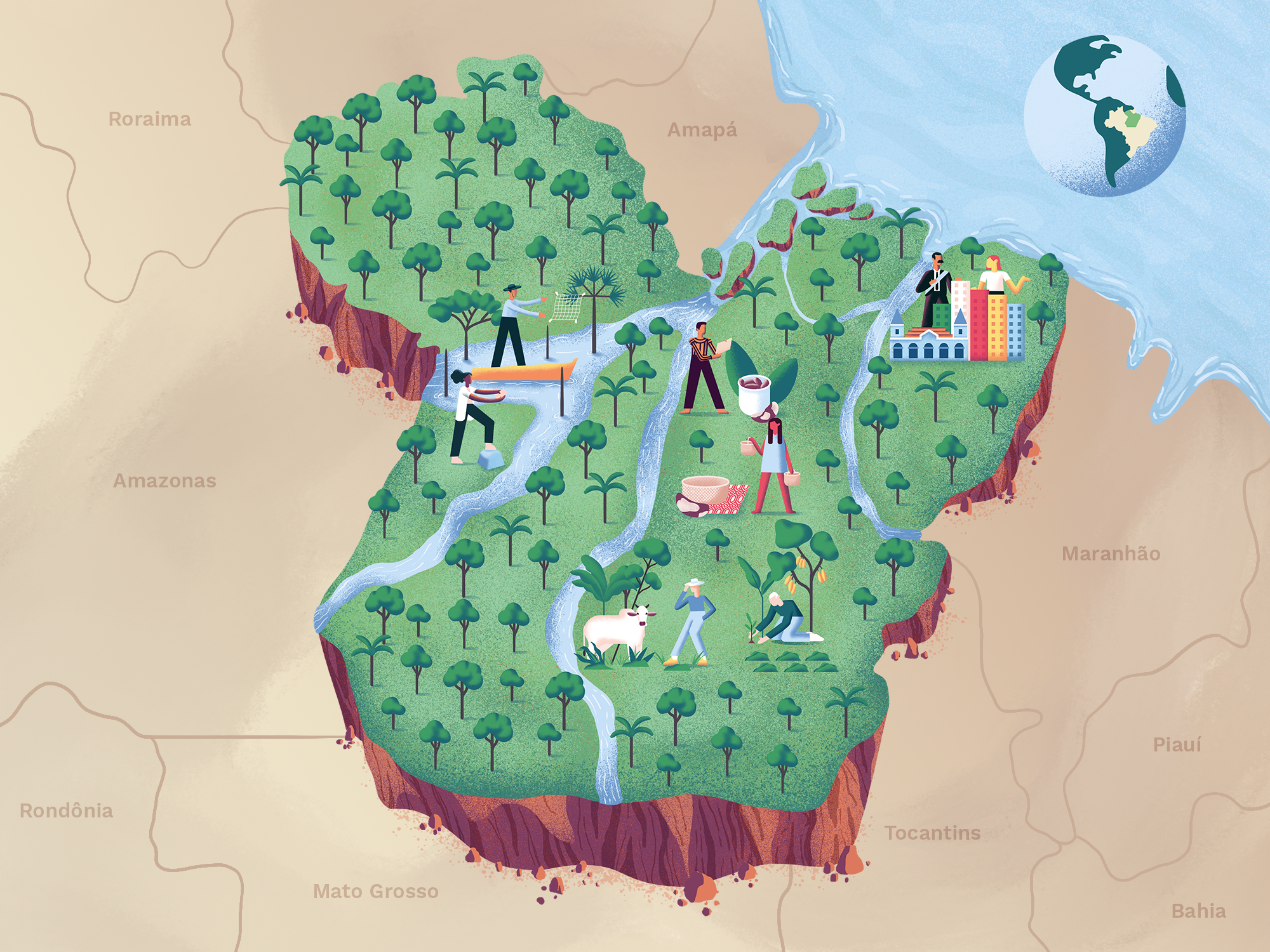 una vista en perspectiva isométrica de un paisaje con colinas, una granja, un río, un océano y un pueblo con gente, un merca