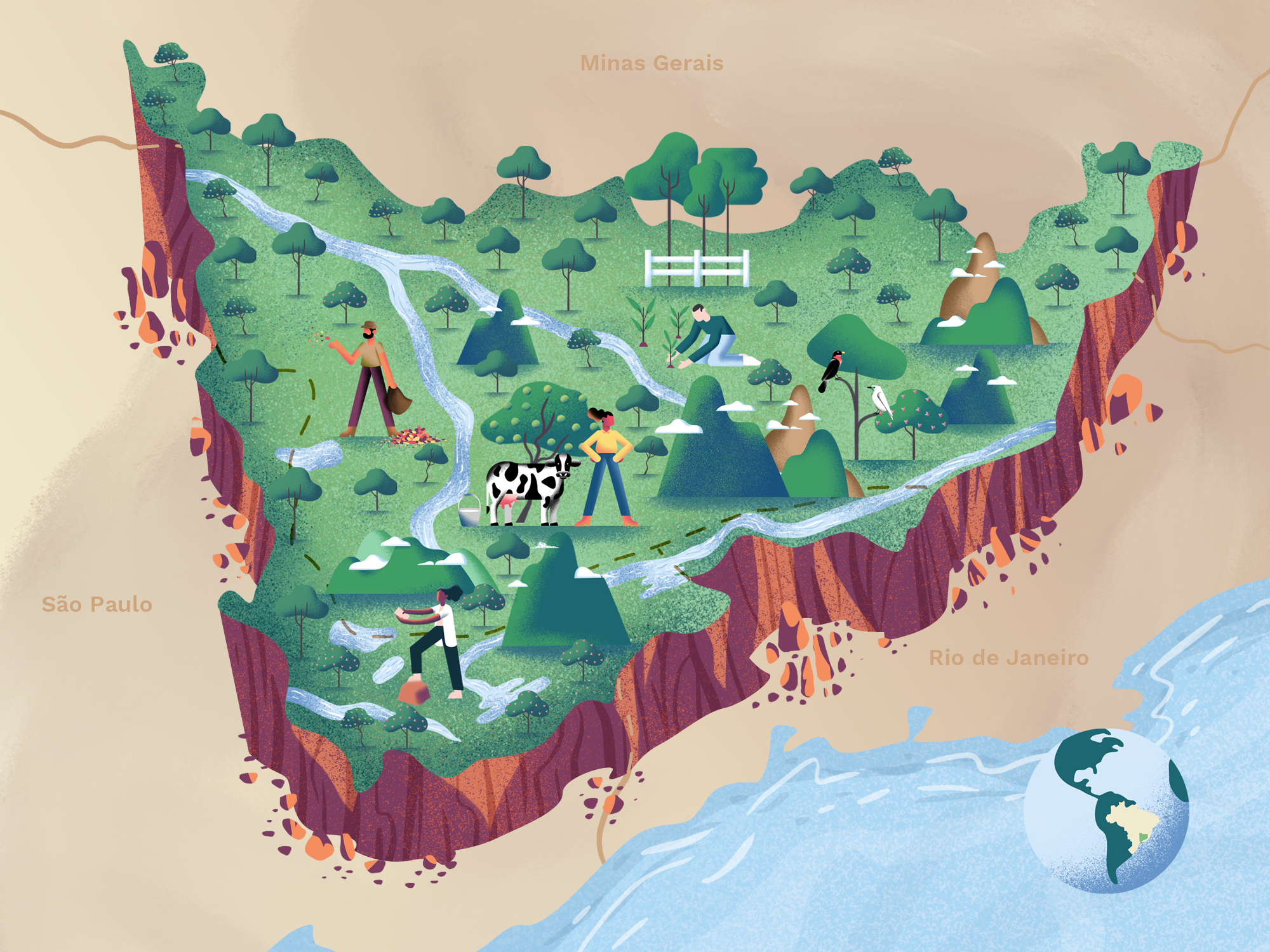 an isometric perspective view of a landscape with hills, a farm, river, ocean, and town with people and a market and bank.
