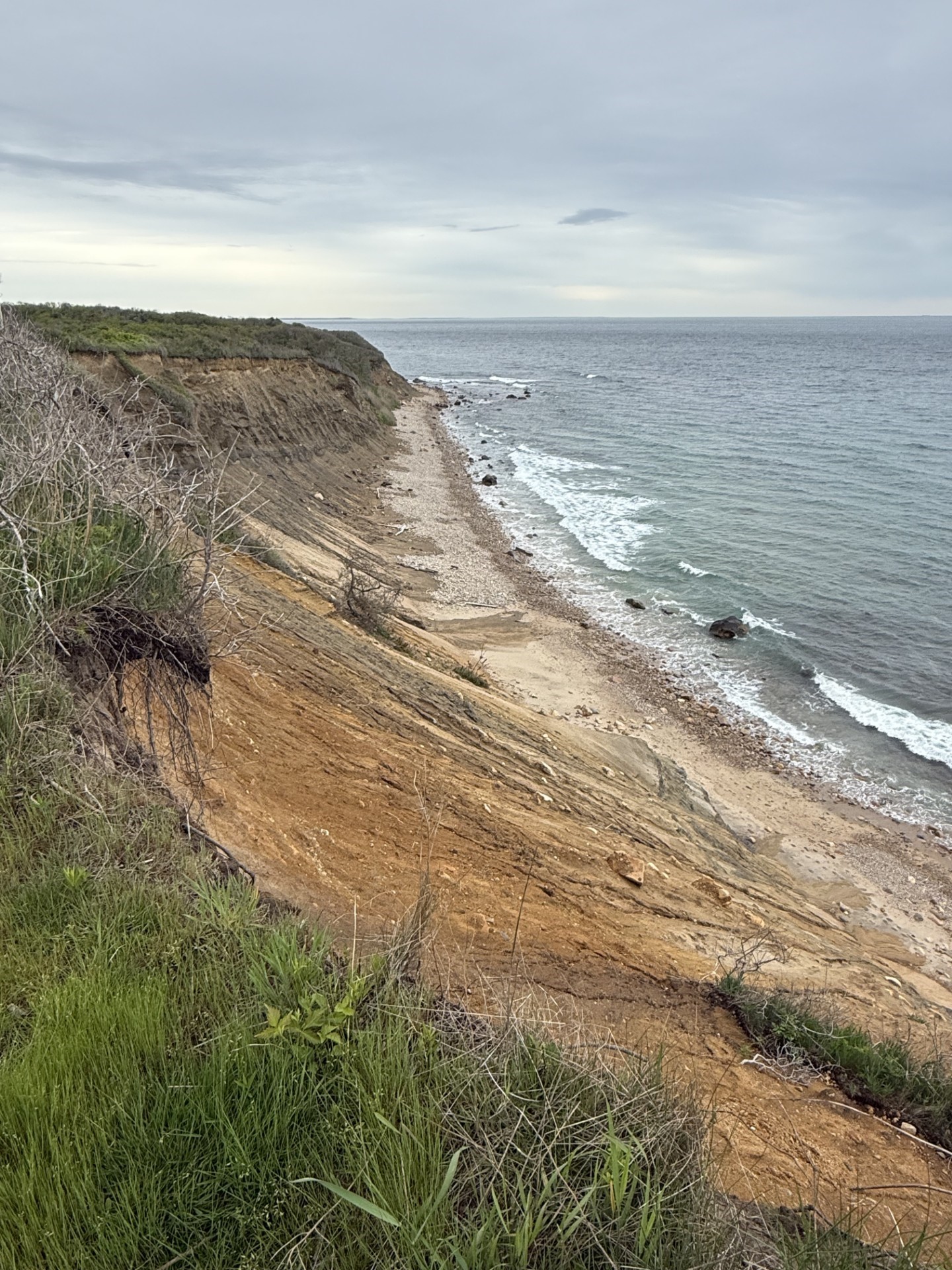 At left, a tall, steep bluff with exposed orange and brown soil rises above a rocky beach and the ocean under overcast skies.