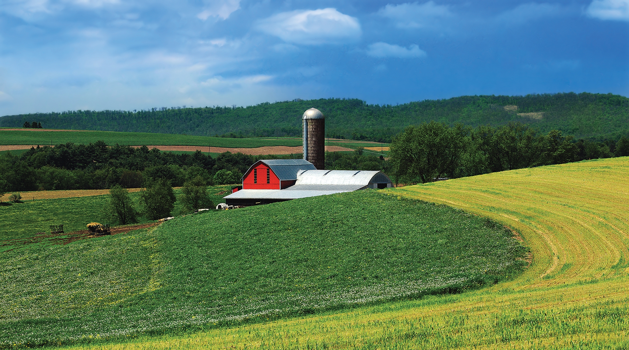A red barn sits in the middle of a vast farm field. 