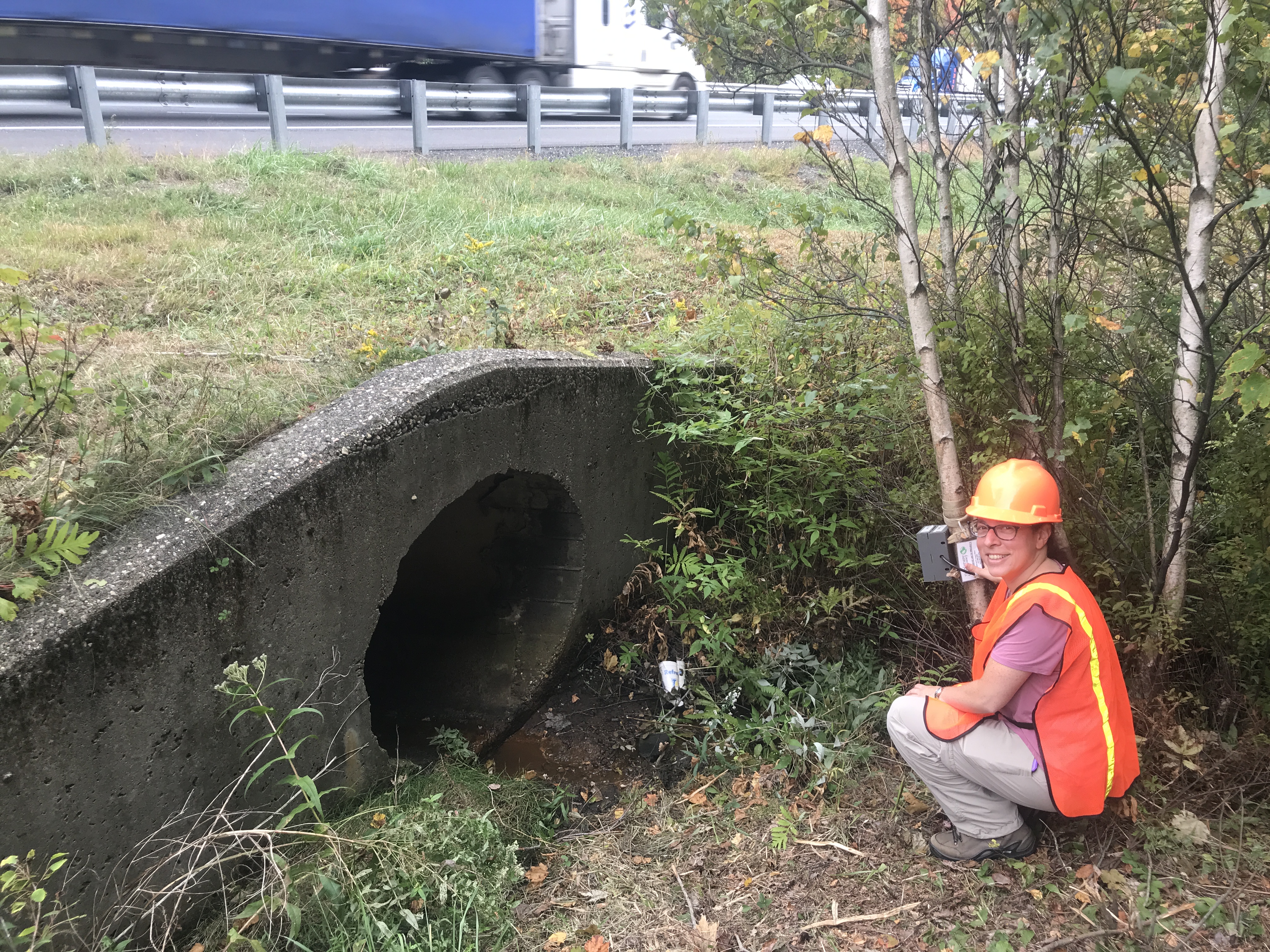 Laura Marx wears an orange safety vest and crouches at the opening of a culvert beneath a highway to attach trail cameras to a wooden pole. 