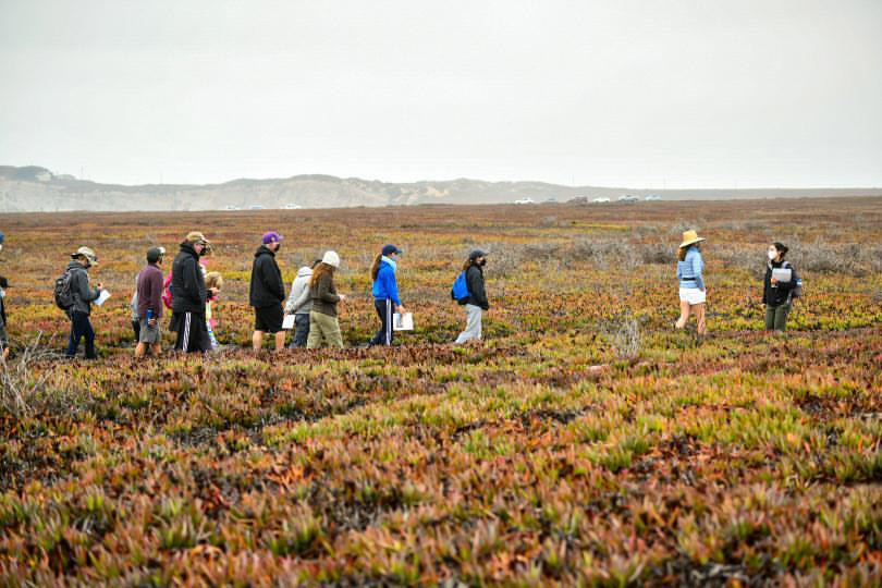 A group of eight people follow a guide through Dangermond Preserve. 