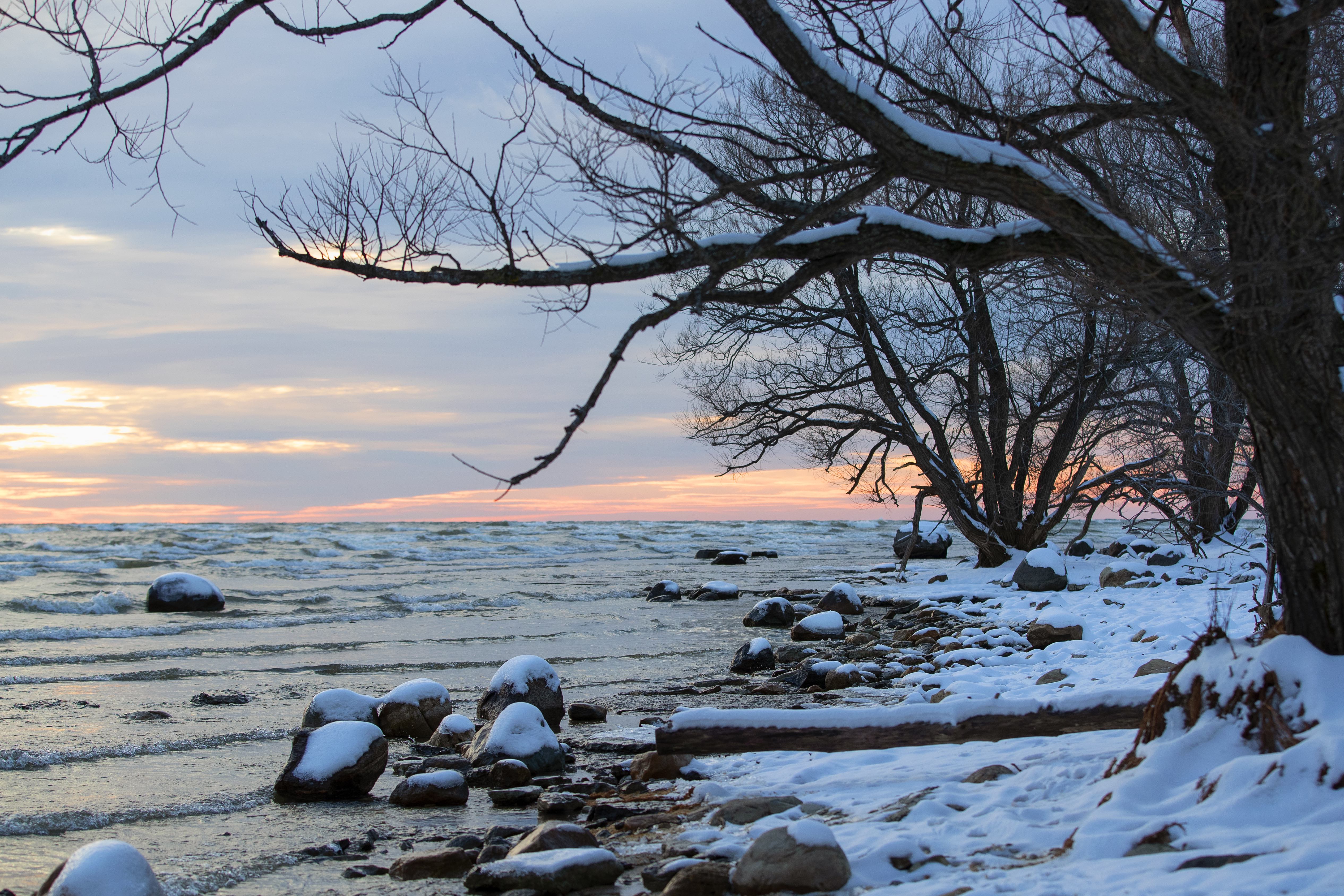 A snow-covered, rocky coastal shoreline and water.