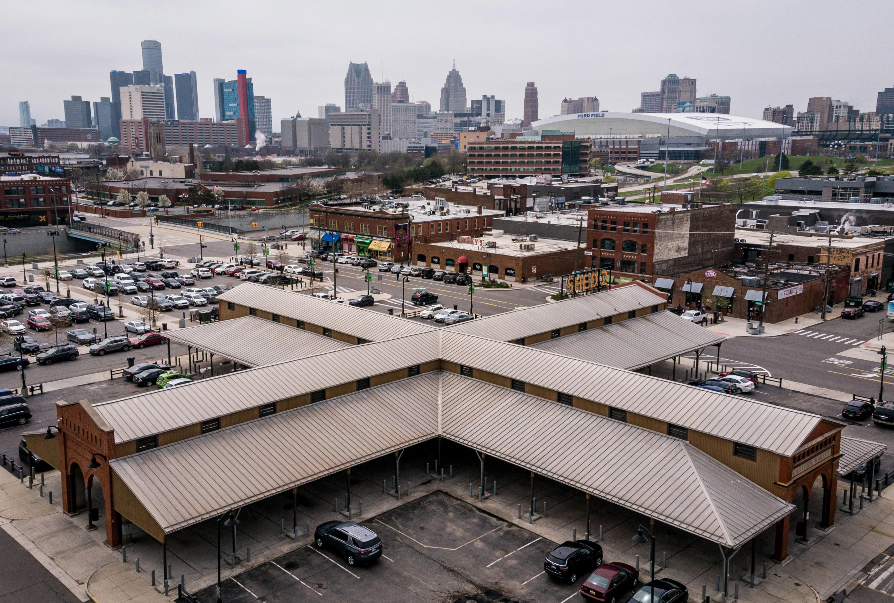 Aerial image of Eastern Market District in Detroit.