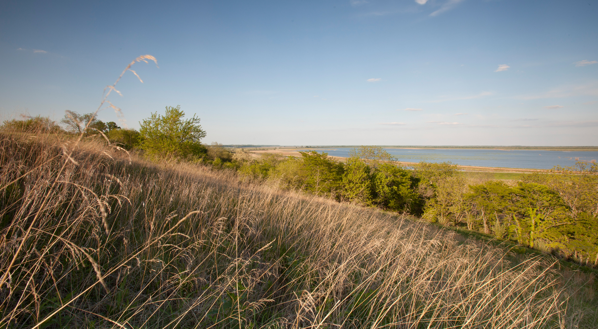 A grassy bluff with a lake at Emiquon in the distance.