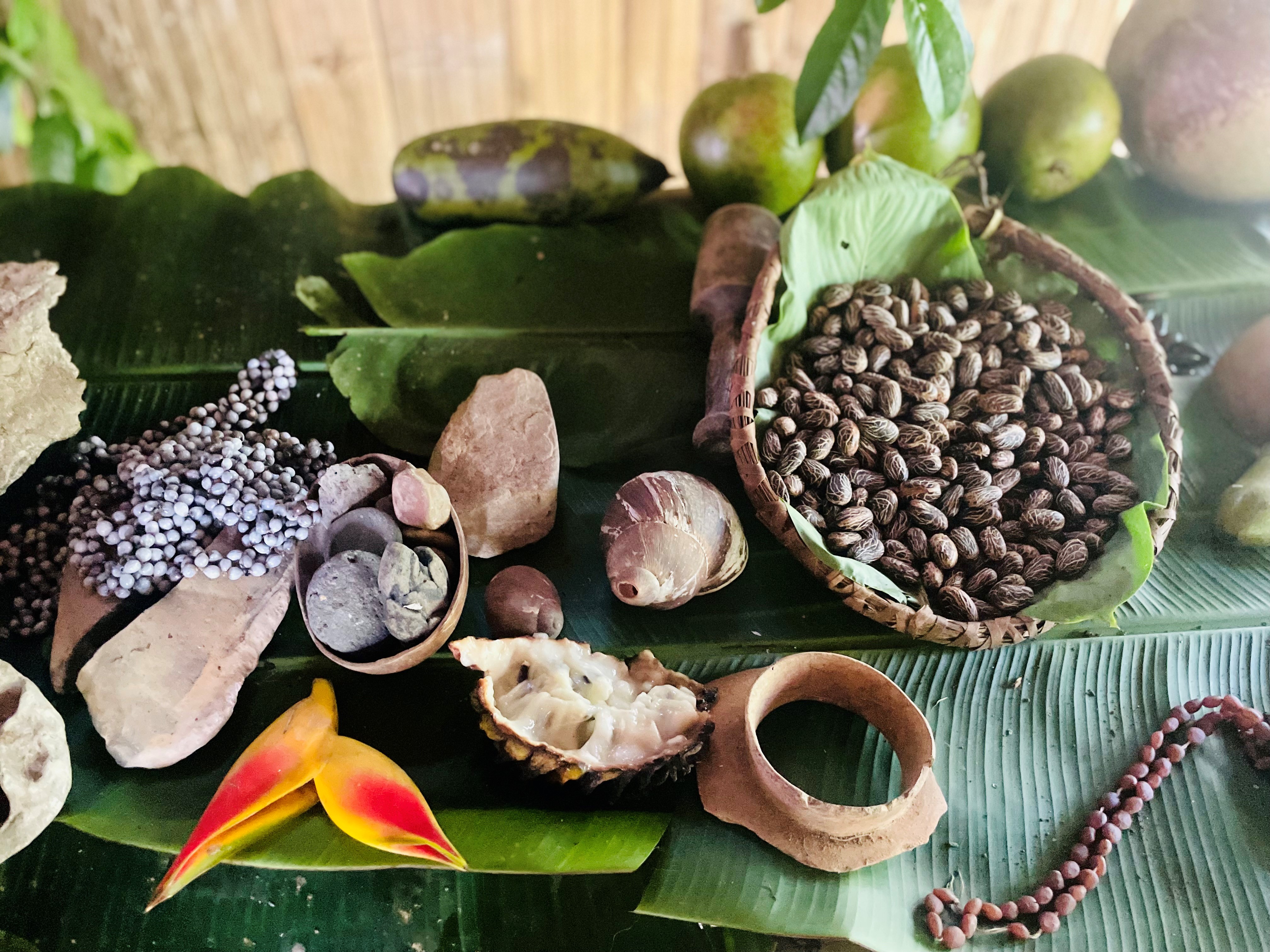Seeds, fruits, and flowers laid out on banana leaves.