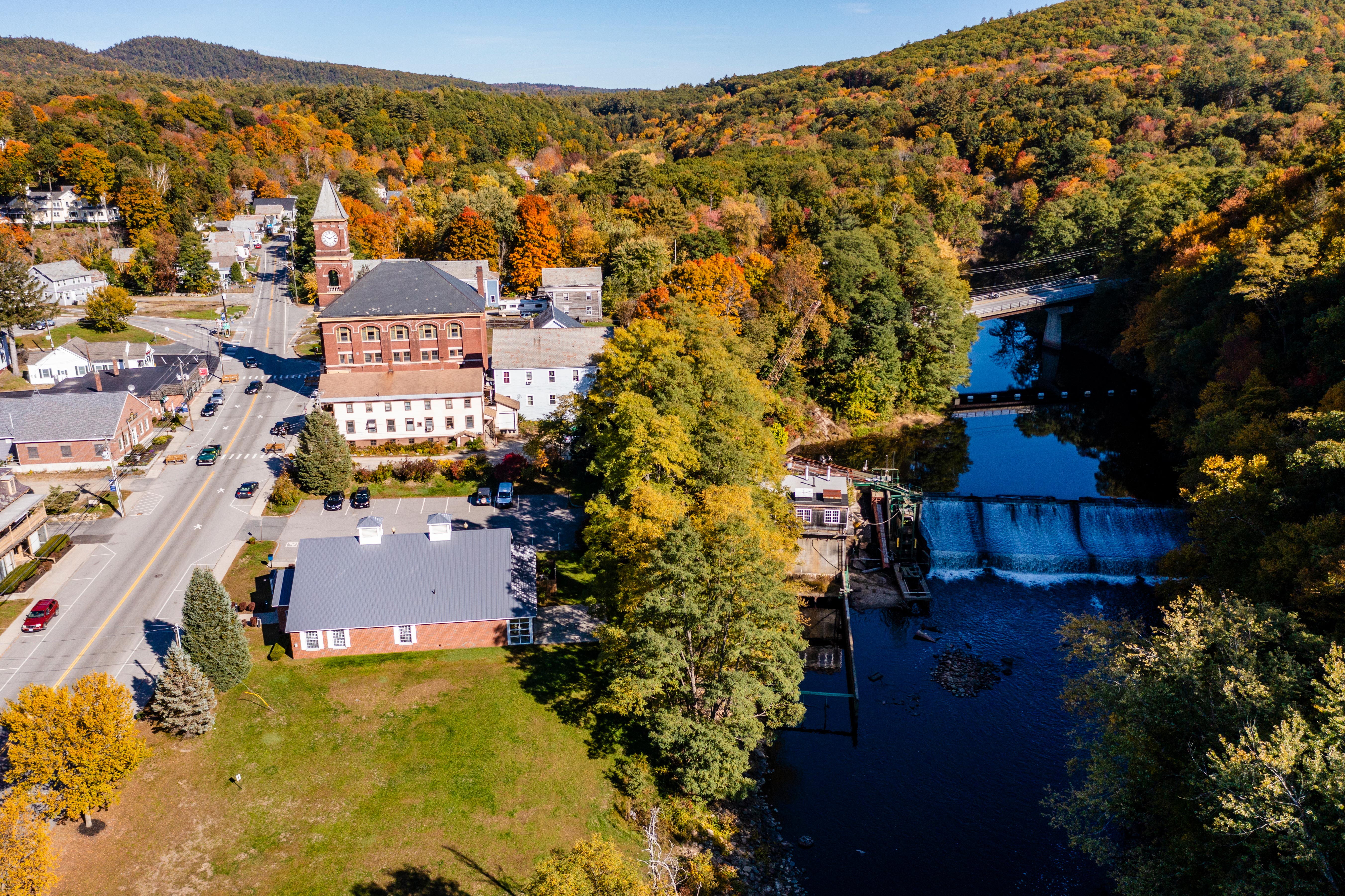 The Asheulot River flows over the Fiske Mill Dam in downtown Hinsdale, New Hampshire.