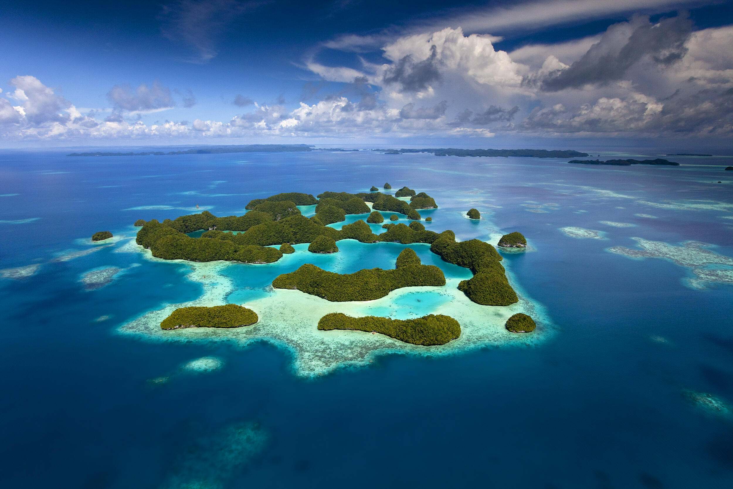 A distant view of a forested coral atoll in the South Pacific.