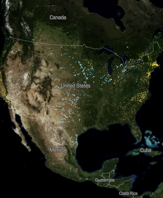 satellite image depicting solar and wind installations