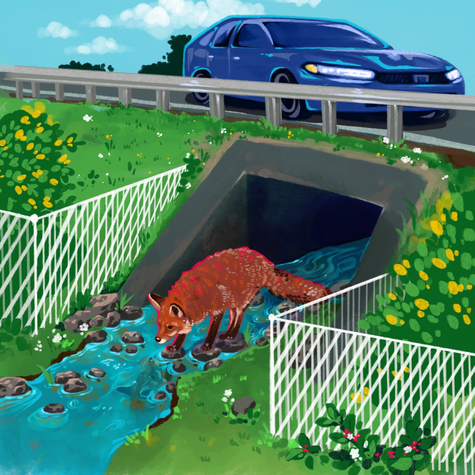 A colorful illustration of a fox walking through a shallow stream inside a culvert while a car drives overhead and fencing directs wildlife movement.