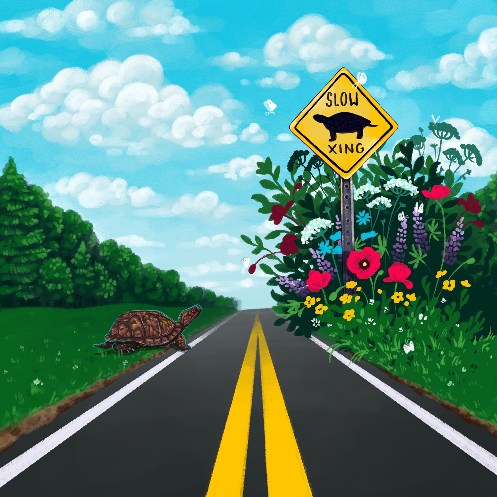 A colorful illustration of a turtle approaching a paved road with a yellow turtle‑crossing sign beside a patch of bright wildflowers and green shrubs.