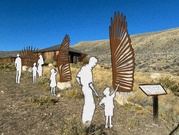 Art mock up of new public art including tall wing sculptures.