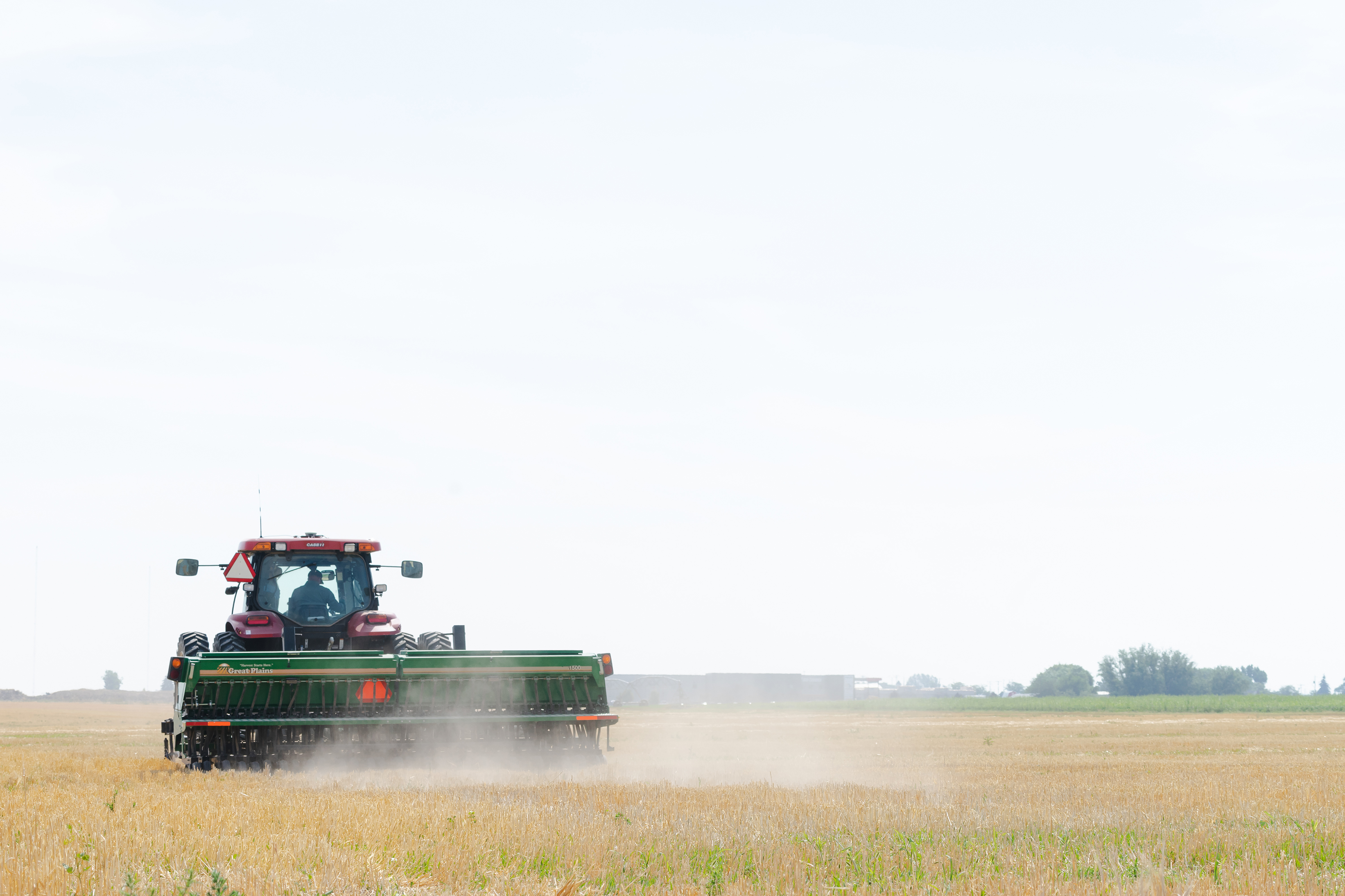Dust blows up from a tractor in a dry agriculture field with farm buildings in the distance.