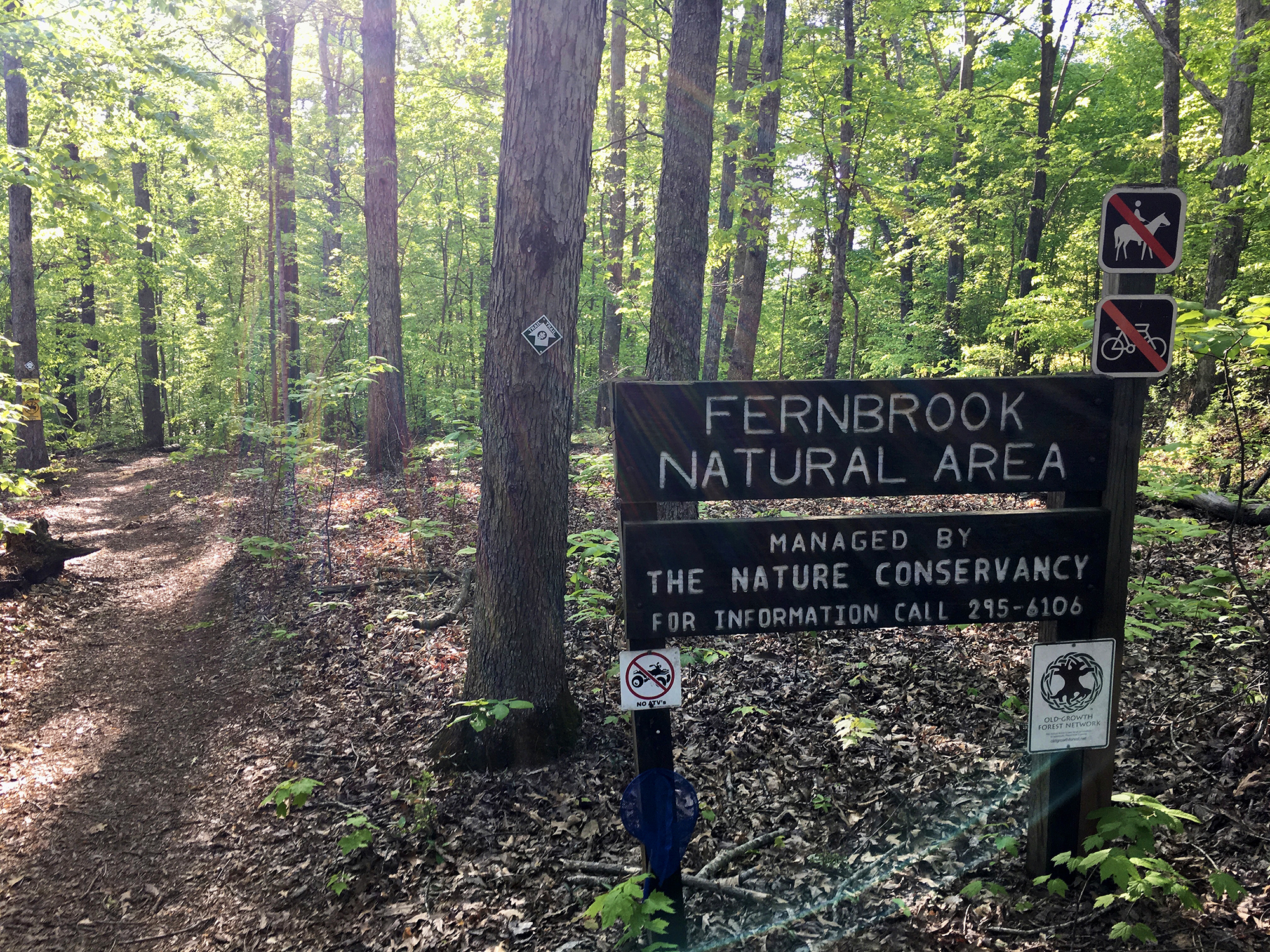 A sign at a trail head reads Fernbrook Natural Area.