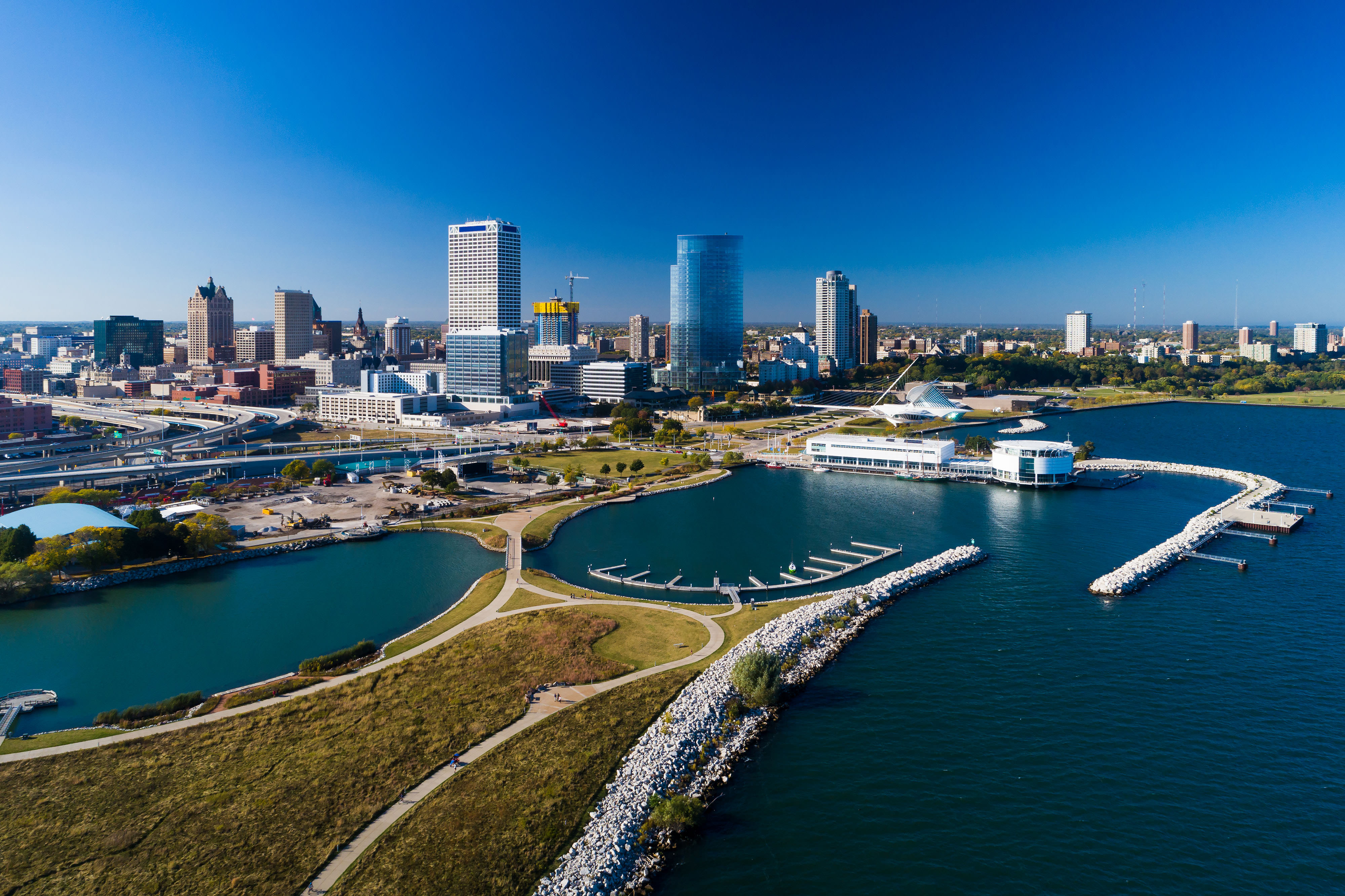 Aerial view of the Milwaukee skyline.