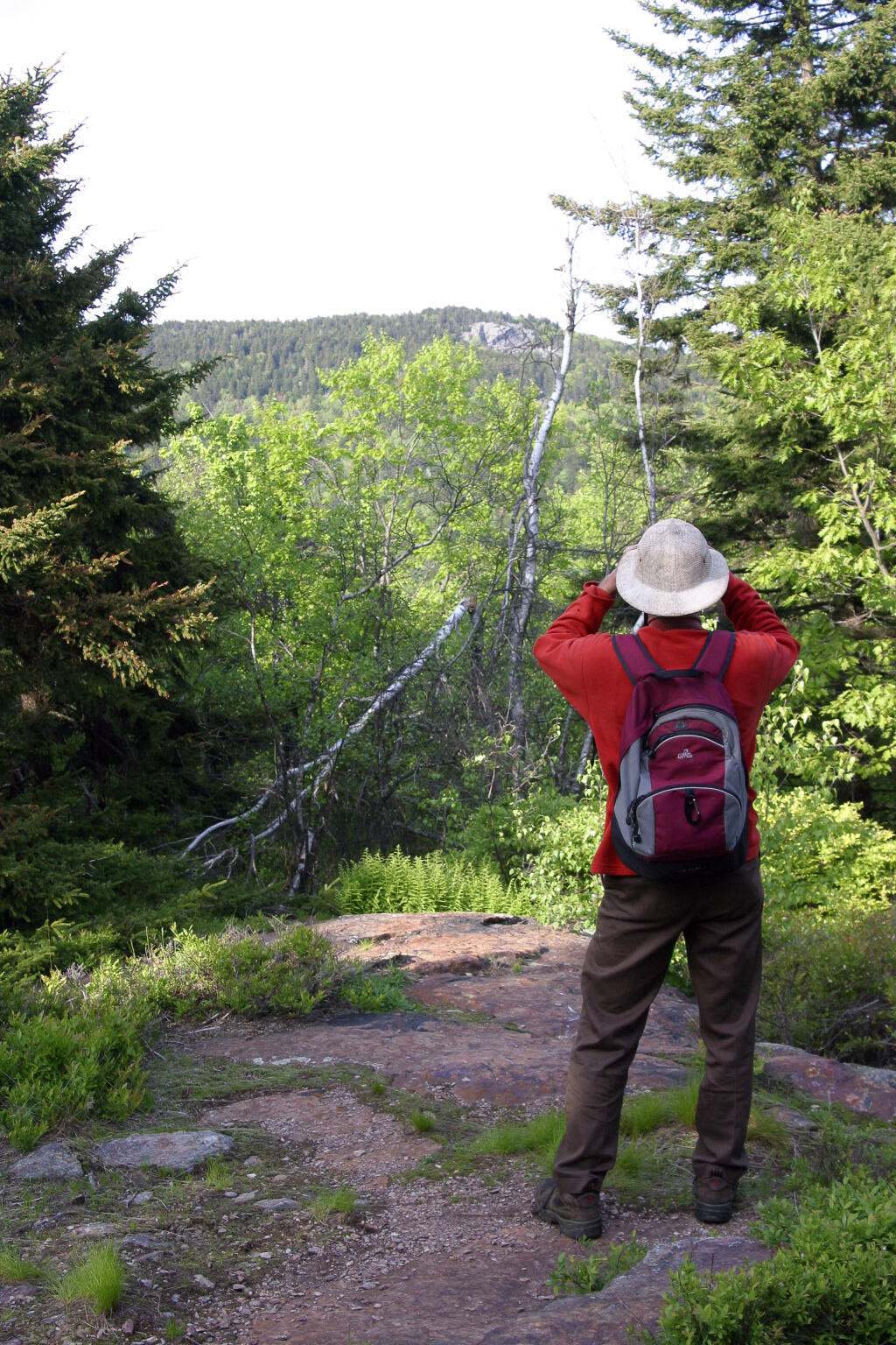 A hiker in a red shirt with a backpack using binoculars to look out over a rocky ridge.