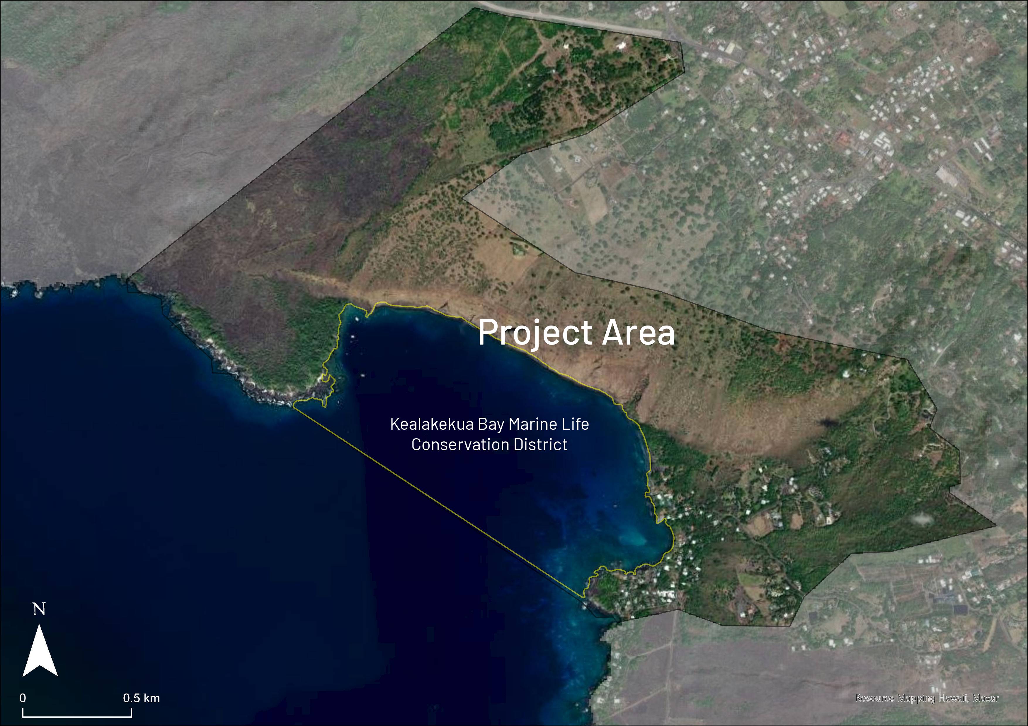 Satellite image of coast with project area highlighted and Kealakekua Bay Marine Life Conservation District boundary.