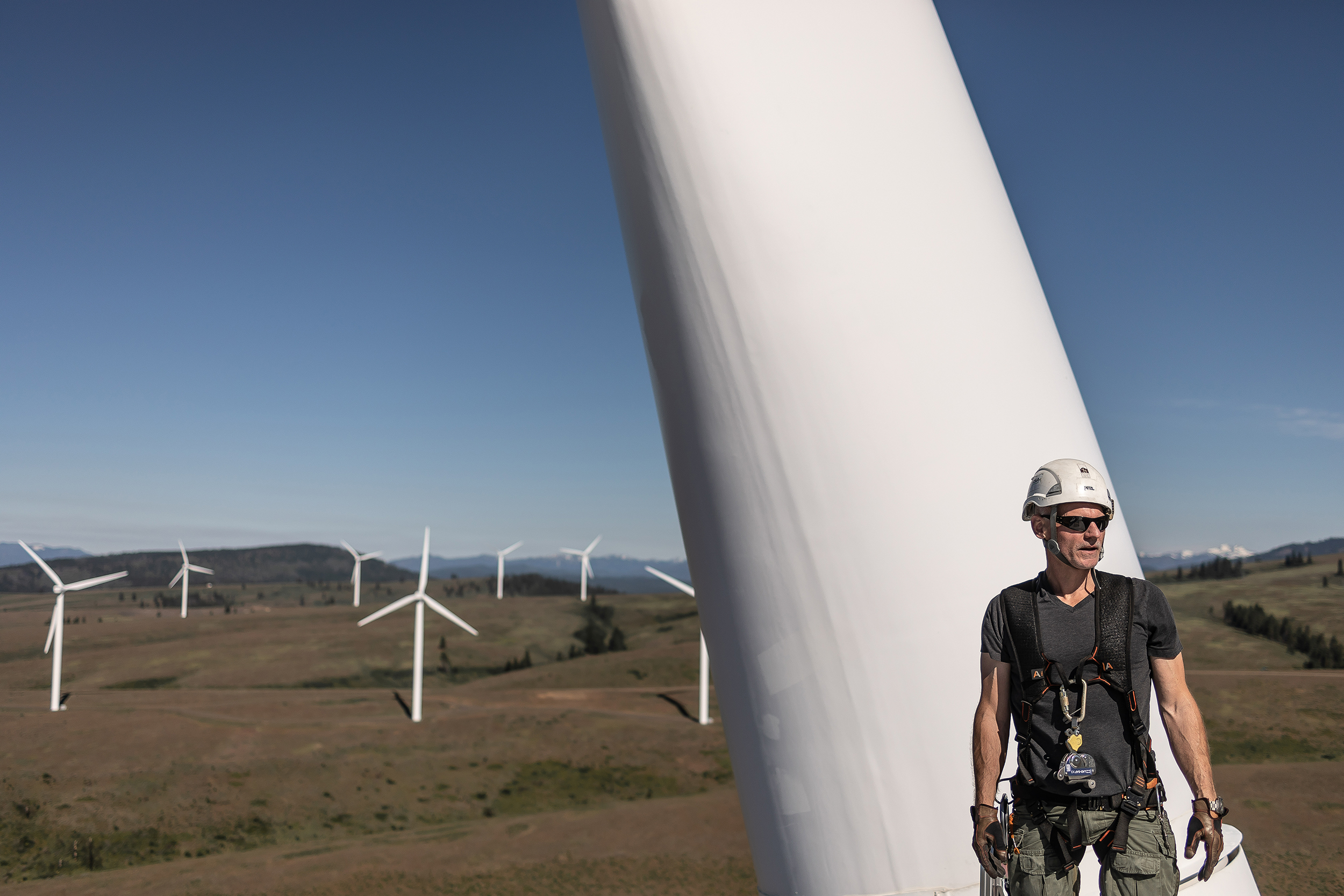 A worker in a hard hat stands in front of the enormous blade of a wind turbine. 