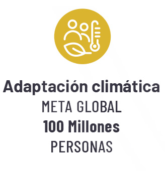 Ícono de adaptación climática, con la silueta de dos personas, un termómetro y una hoja, en líneas blancas sobre fondo amarillo. 