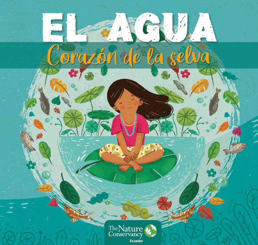 Una ilustración que promueve la conservación del agua, en la que se muestra una gota de agua rodeada de plantas y un cielo azul despejado.