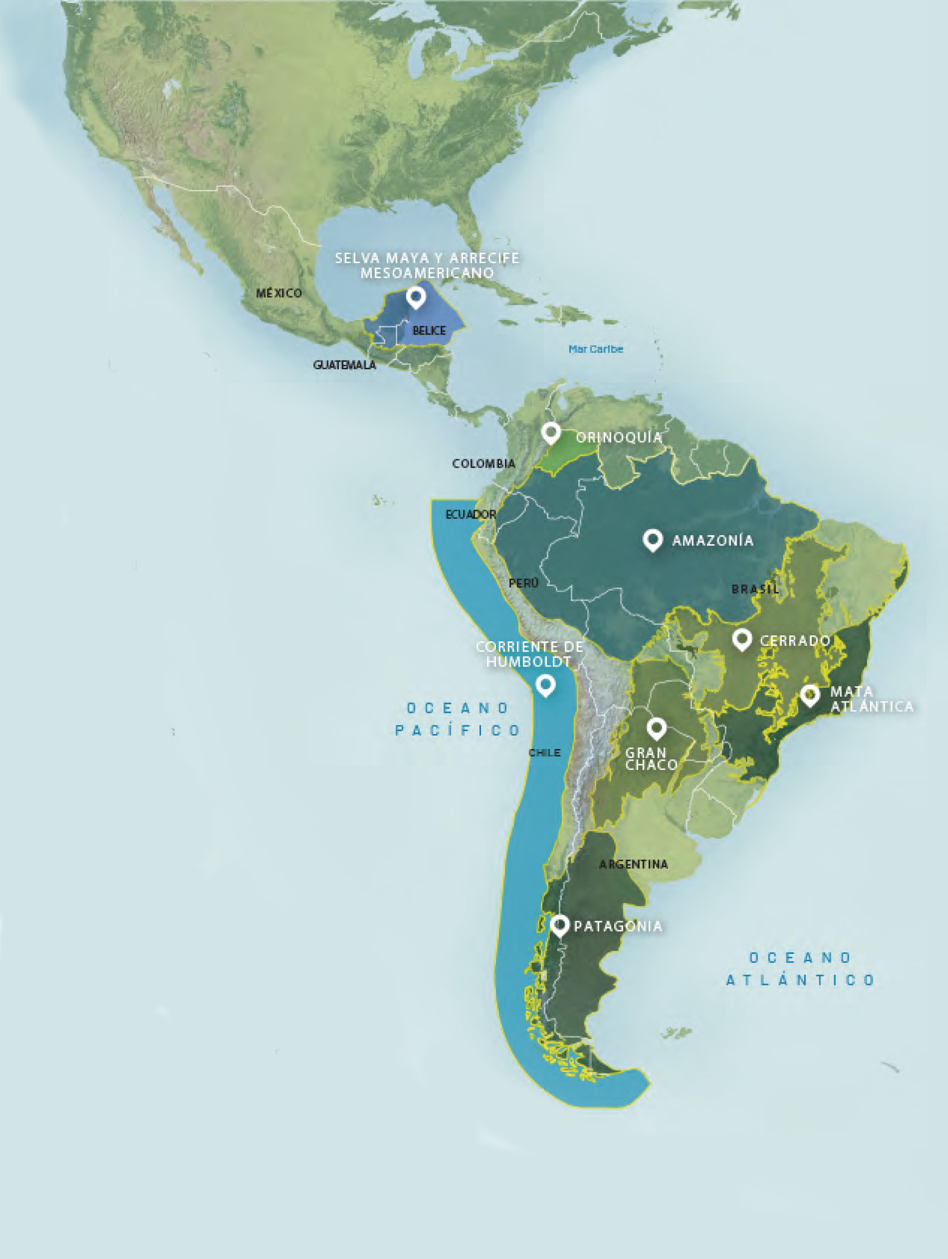 Mapa de América que resalta los ocho paisajes icónicos en que trabaja TNC en la región. 