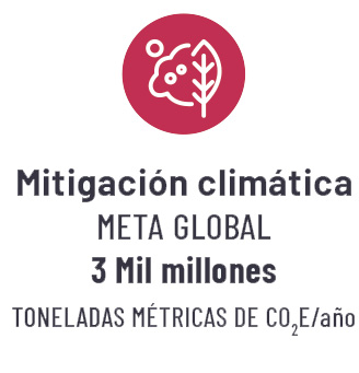 Ícono de mitigación climática, mitad una hoja y mitad una nube, en líneas blancas sobre fondo rojo. 