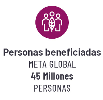 Ícono de personas beneficiadas, con siluetas de personas con una hoja sobre un fondo magenta. 