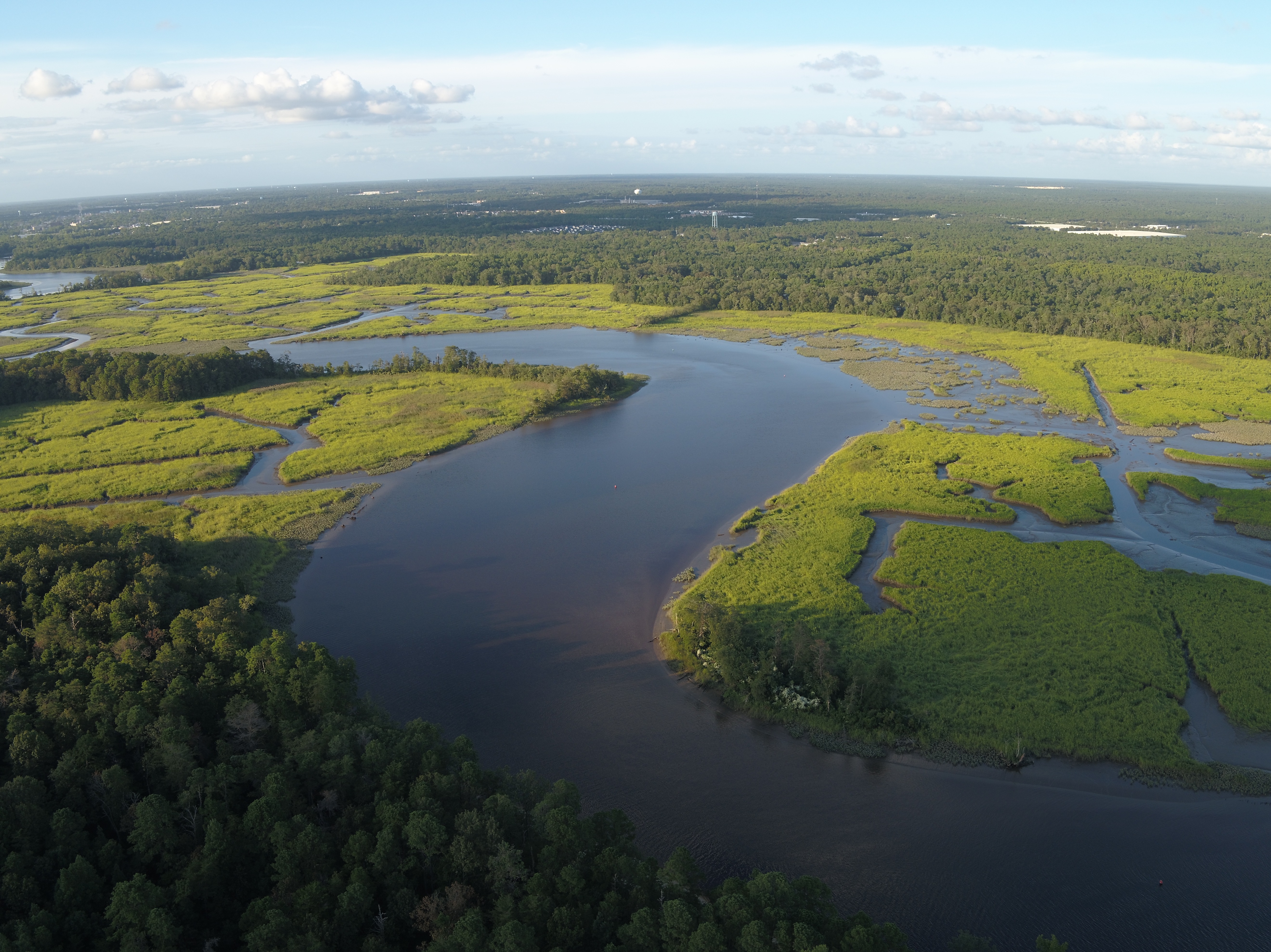 A vast landscape of river and wetlands is viewed from above.