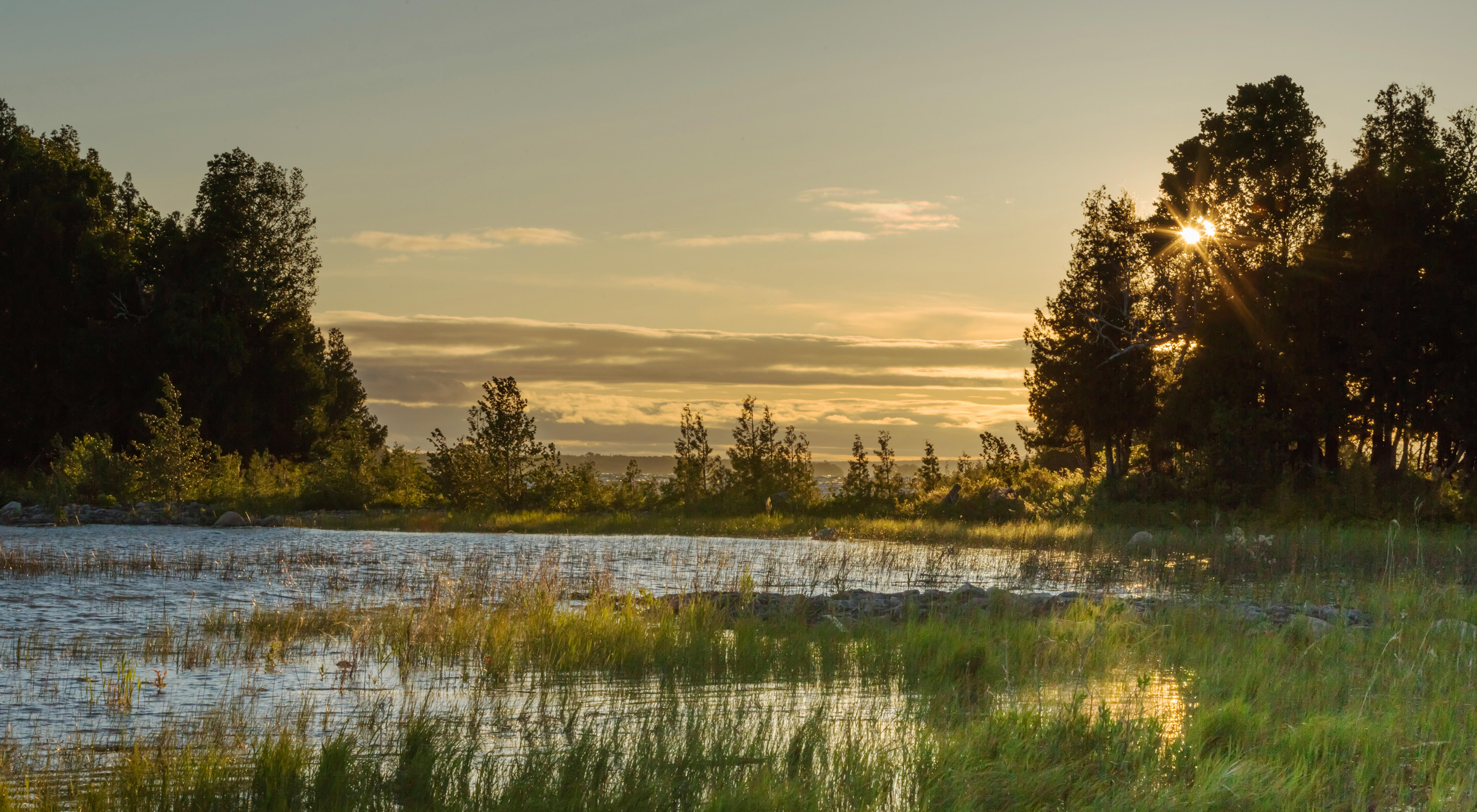 Sunset over the water and grasses at Maxton Plains Preserve.