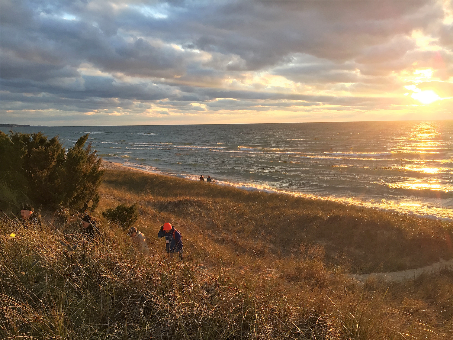 Hikers walk through grassy dunes with a sunset over Lake Michigan.