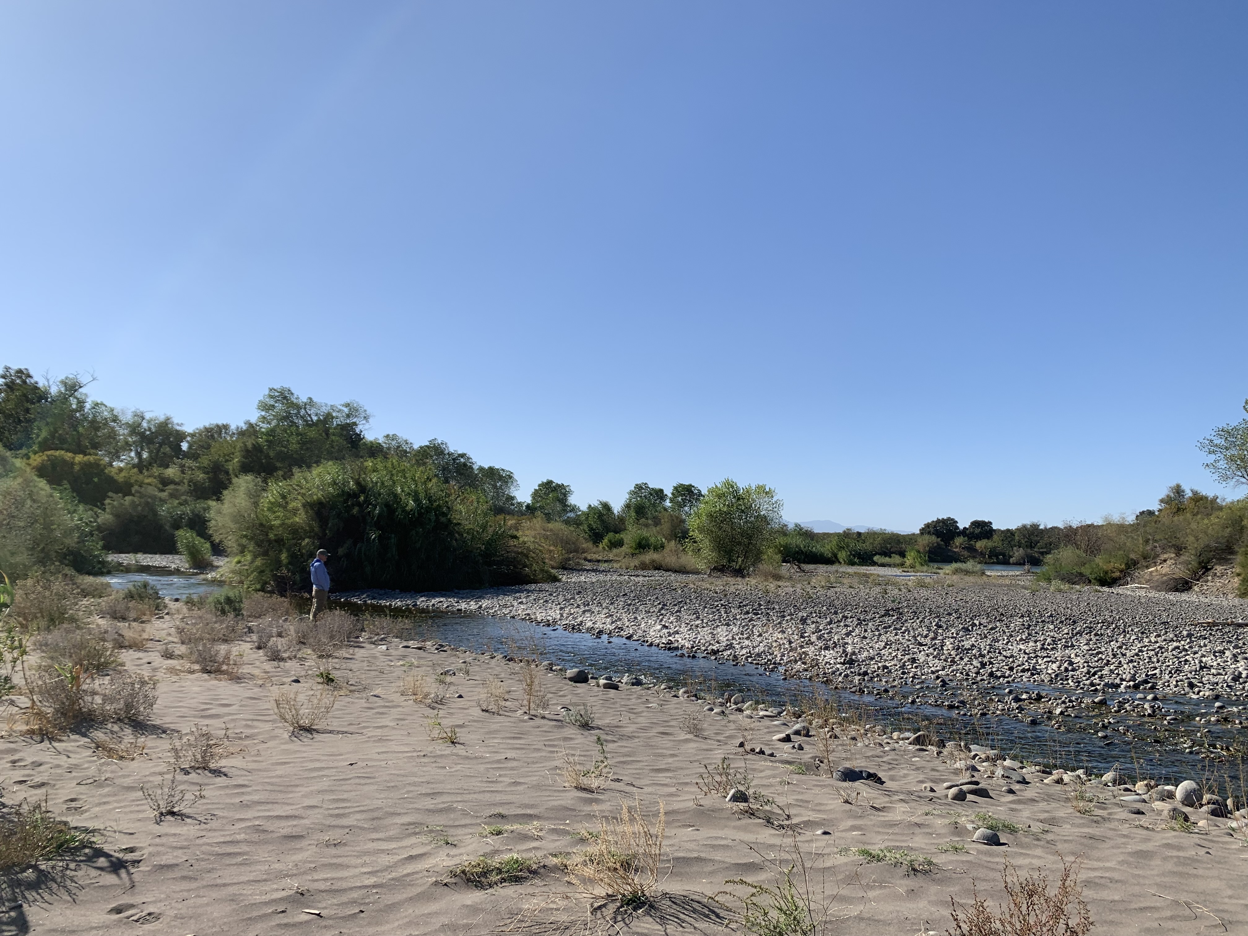 A man stands next to a small creek.