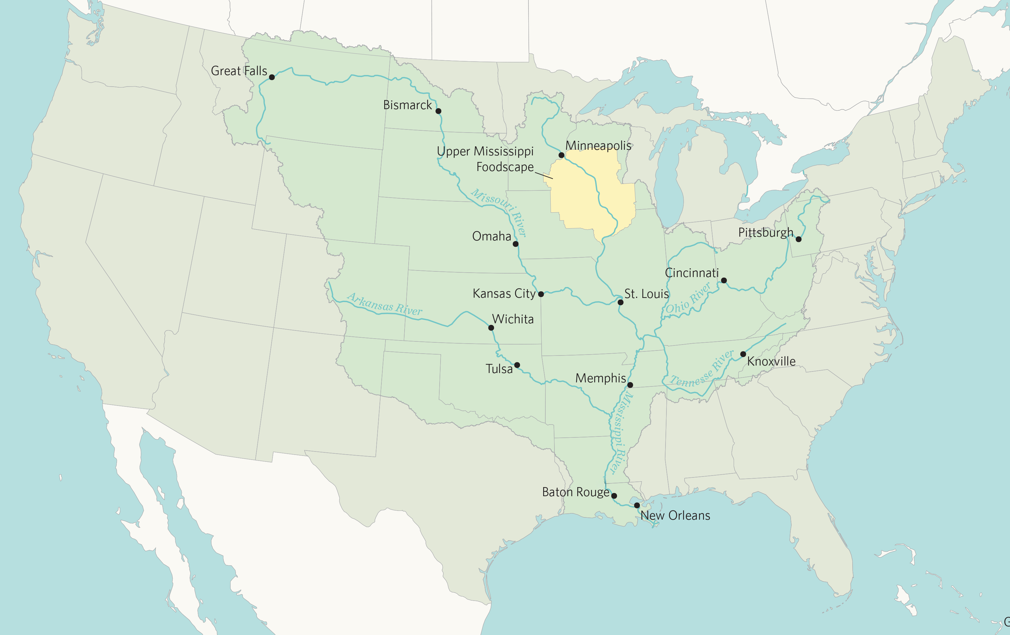 Map of United States with overlay of Mississippi River basin.