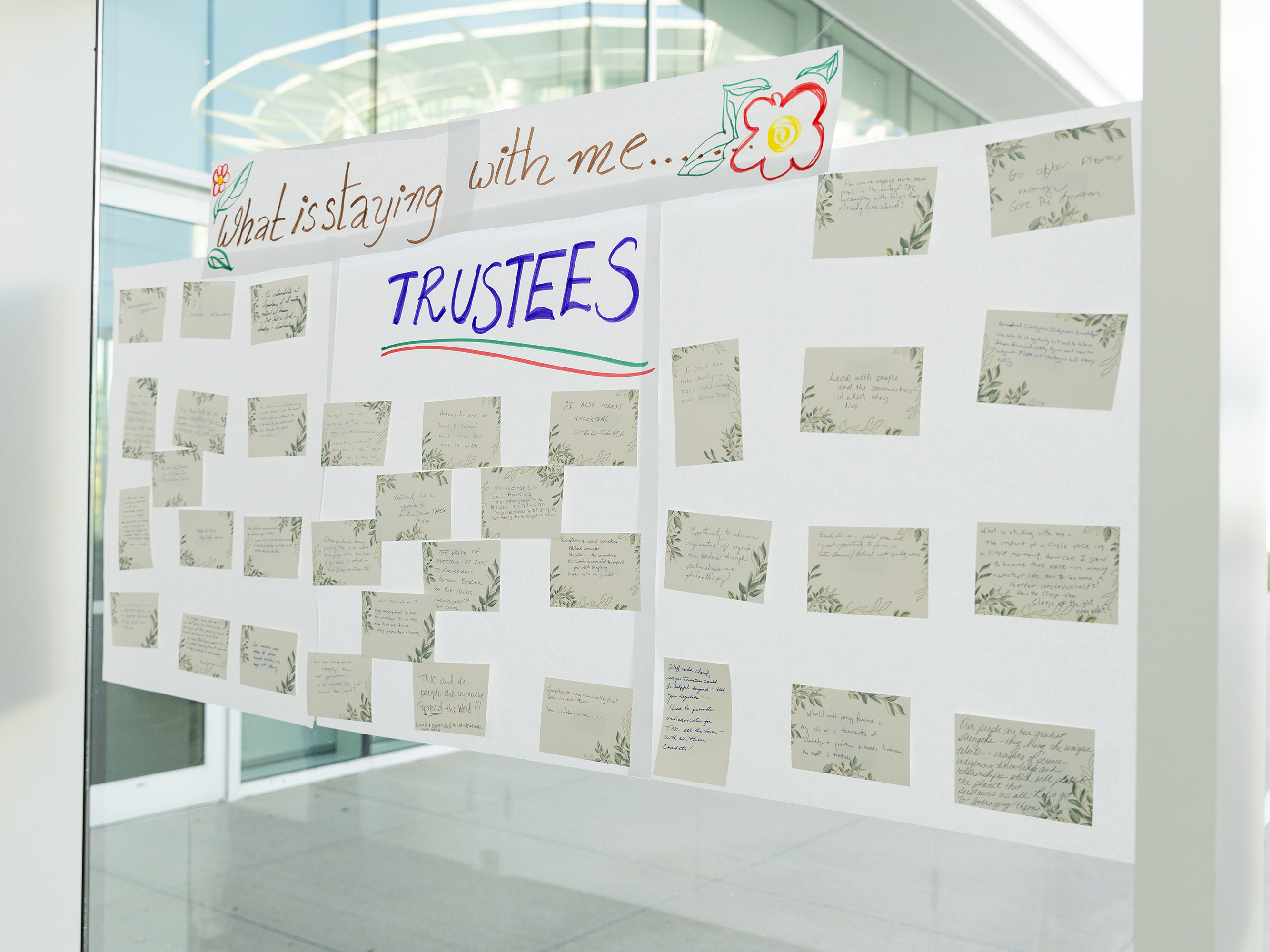 Sticky notes cover a white board.