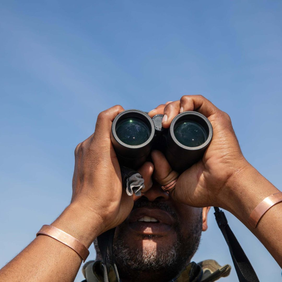 A man looks through binoculars to watch birds. 