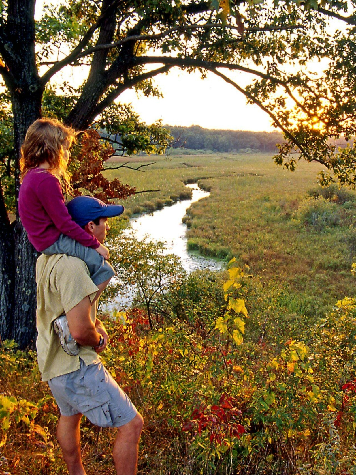 A man holding a child on his shoulders as they stand on a small hill overlooking a creek. 