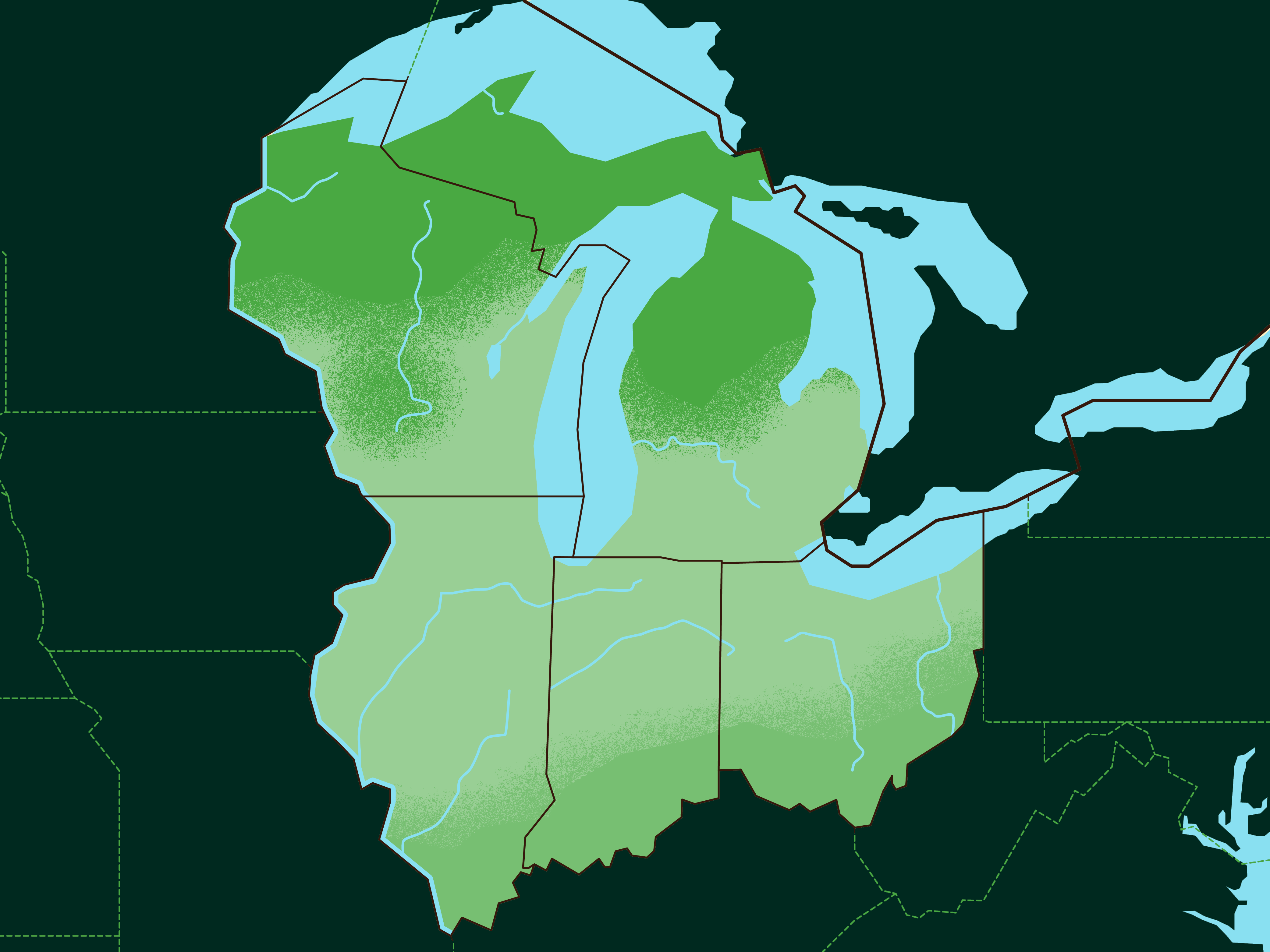 A map highlighting Wisconsin, Illinois, Indiana, Ohio, and Michigan.