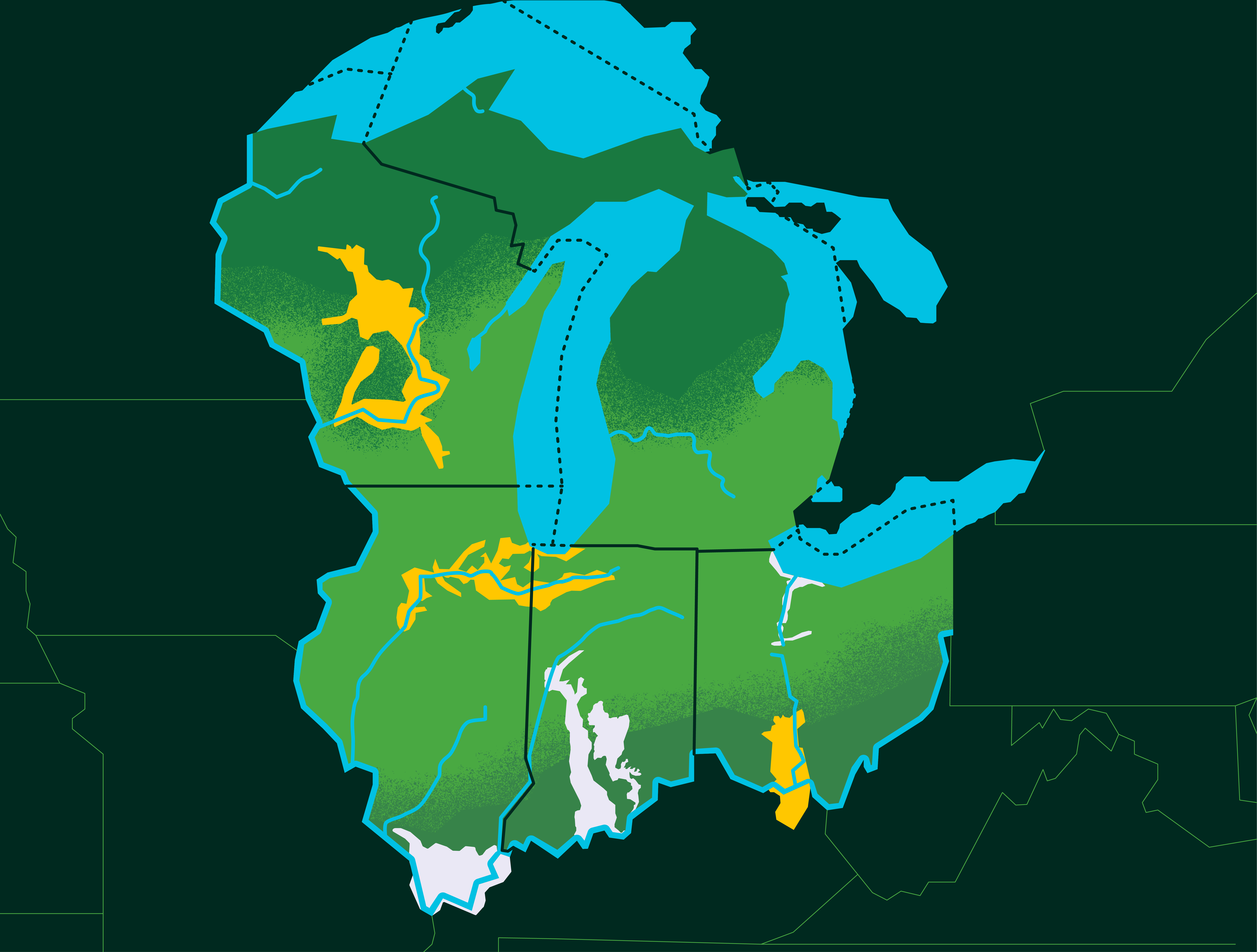 A map showing Wisconsin, Illinois, Indiana, Ohio, and Michigan in green and the Great Lakes in blue.