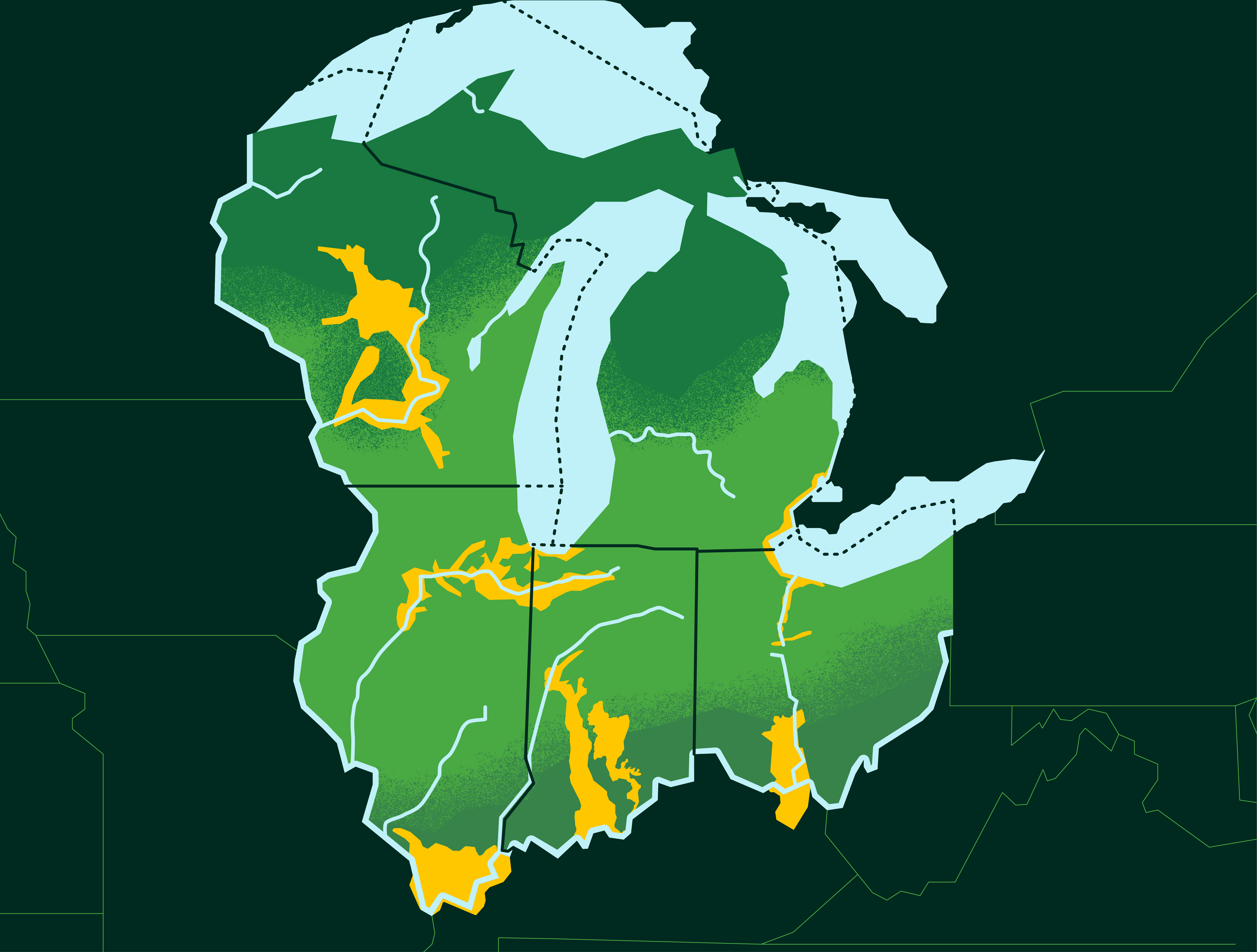 A map showing Wisconsin, Illinois, Indiana, Ohio, and Michigan in green and the Great Lakes in blue.