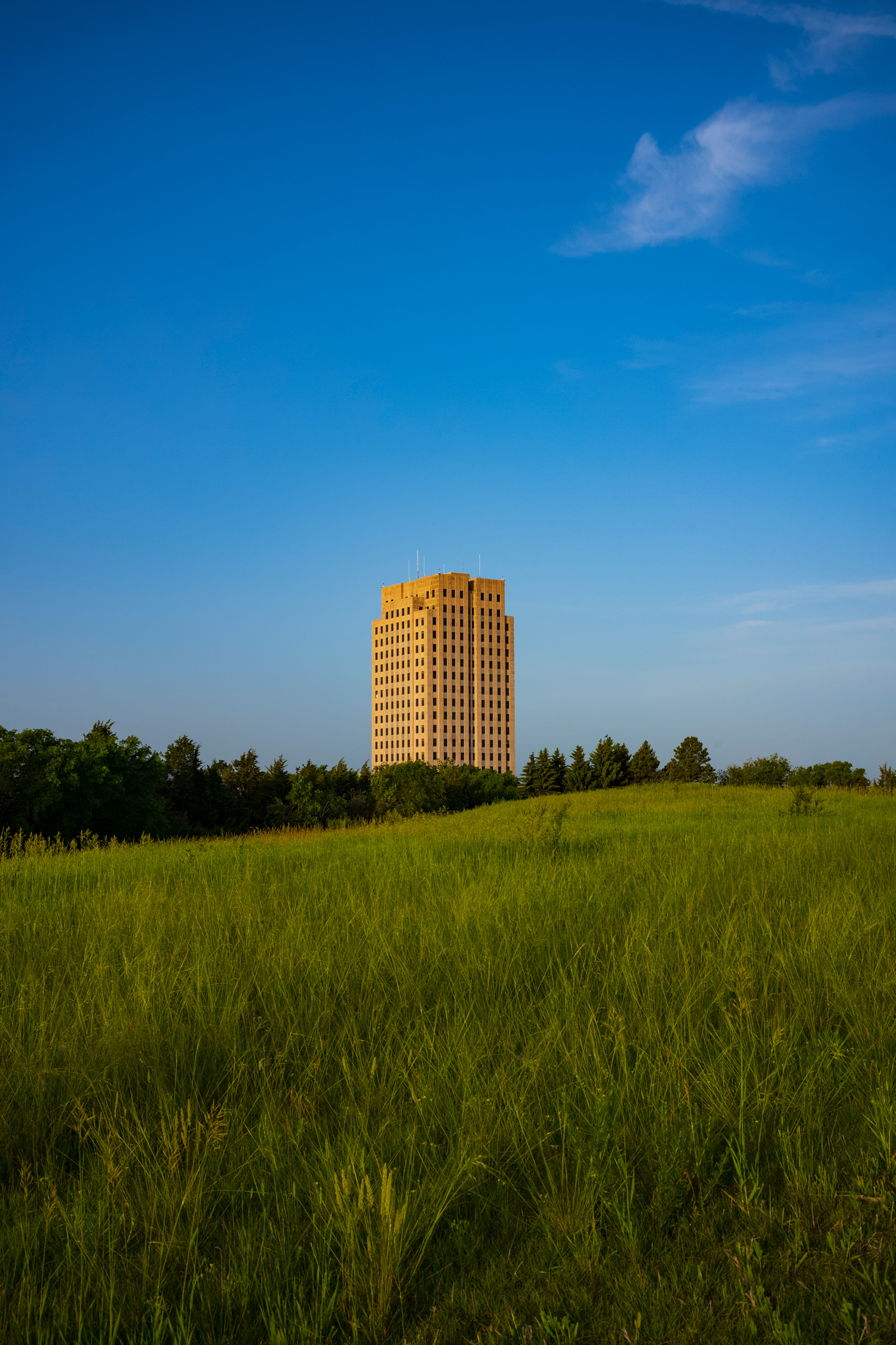 View of ND capitol building from a native prairie.