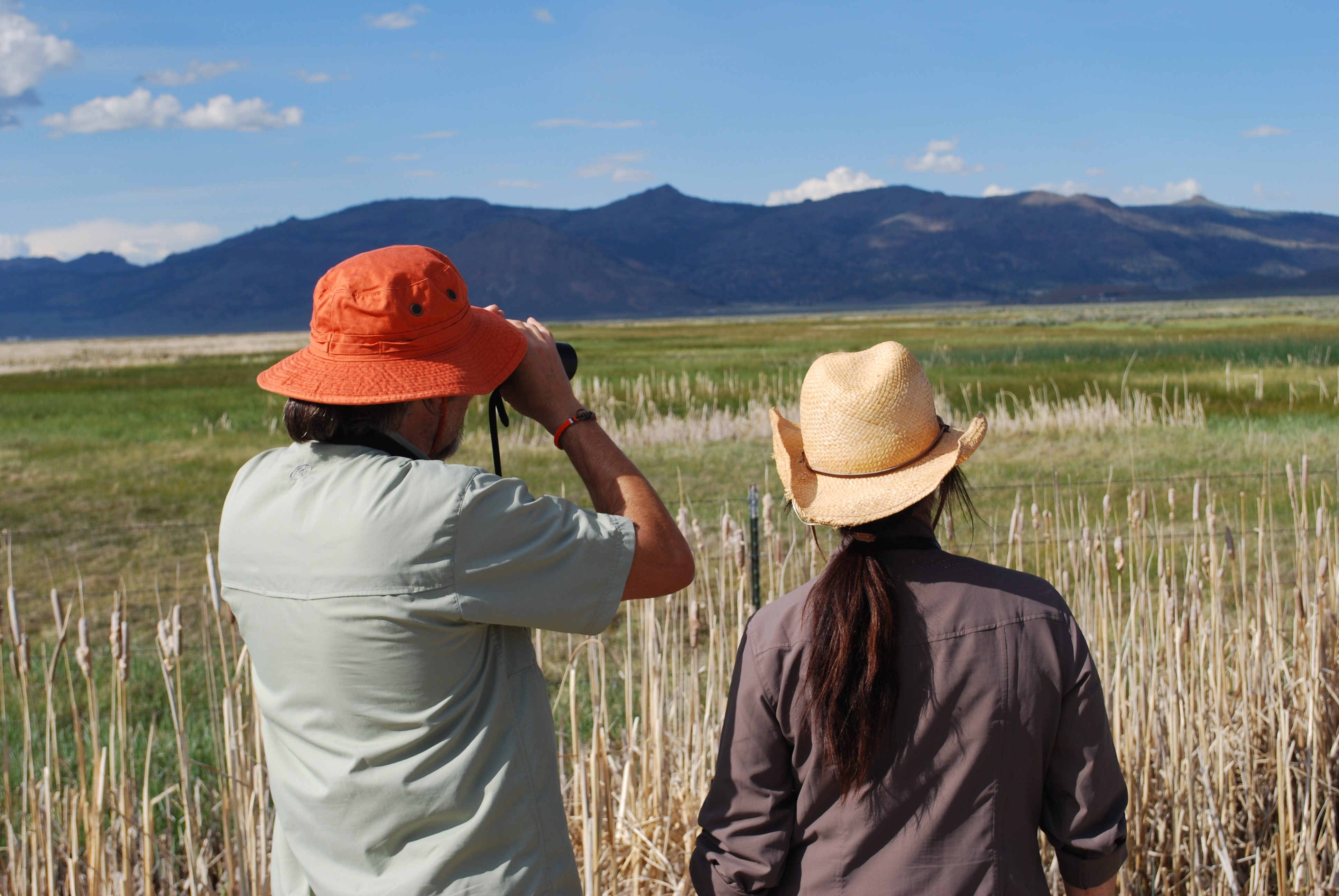 Two people wearing hats share binoculars to look out over a vast grassland.