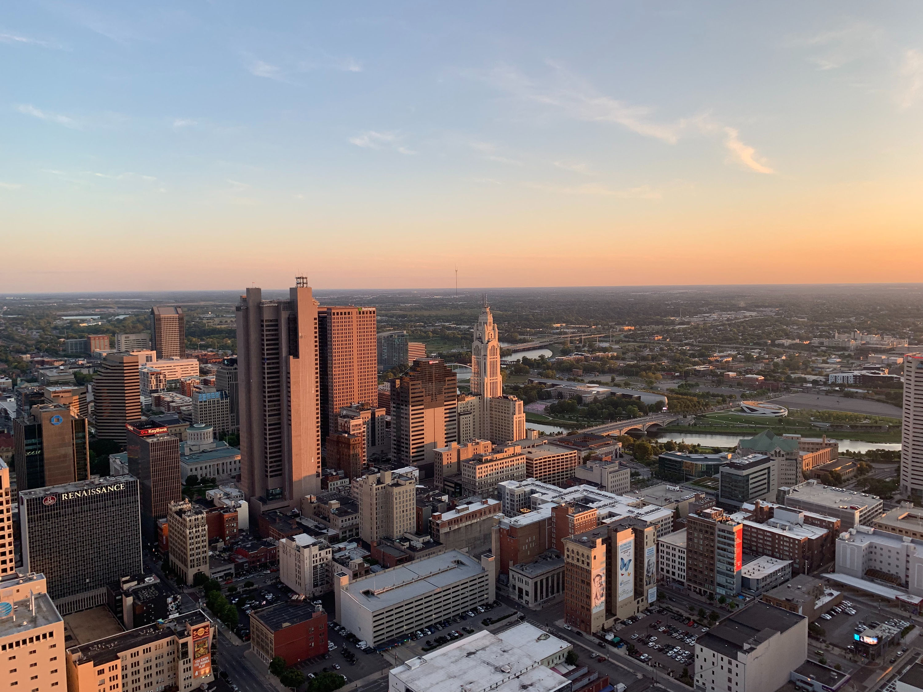 Aerial view of skyline of Columbus, Ohio at sunrise.