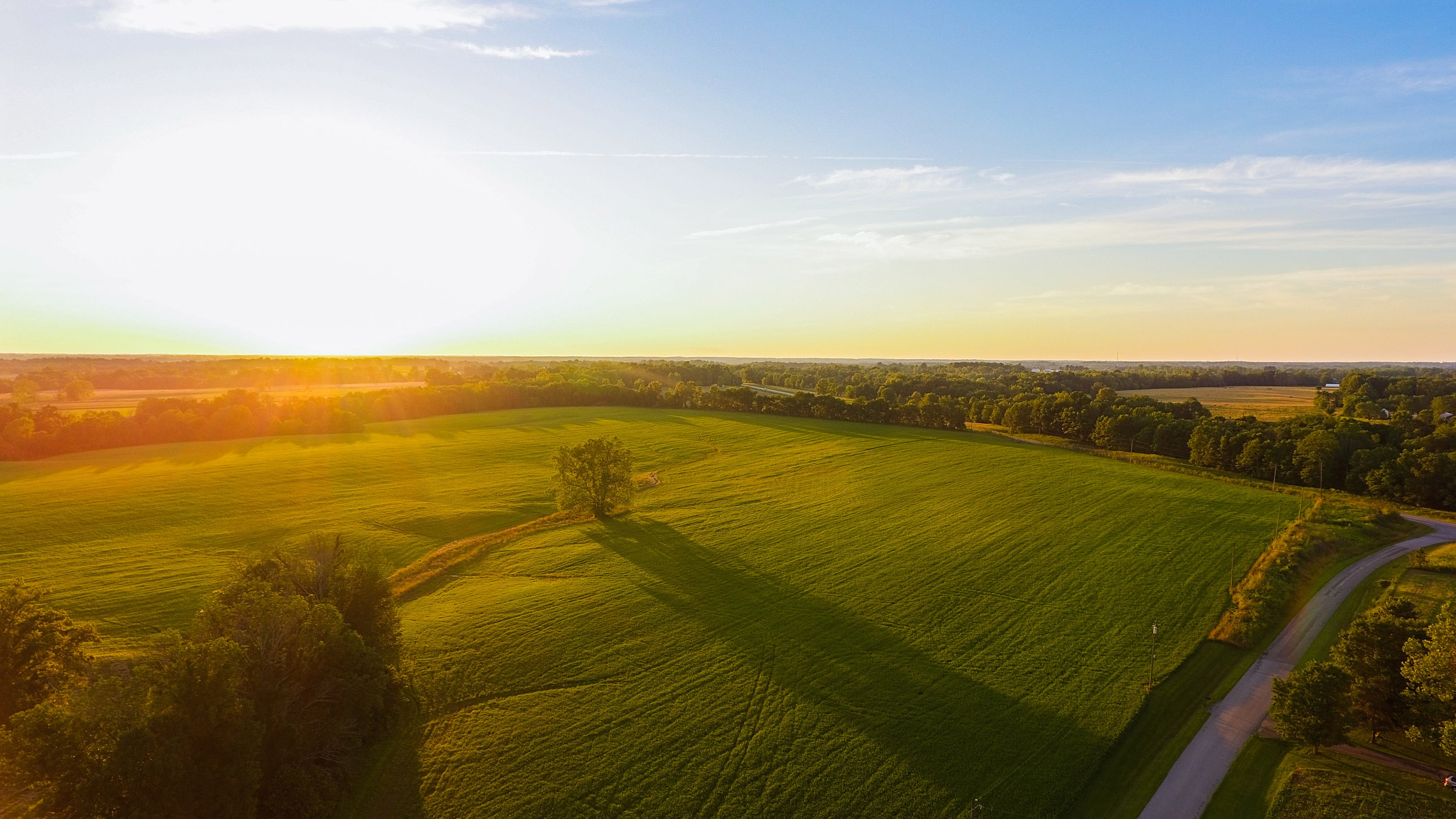Aerial view of Ohio farm at sunrise.