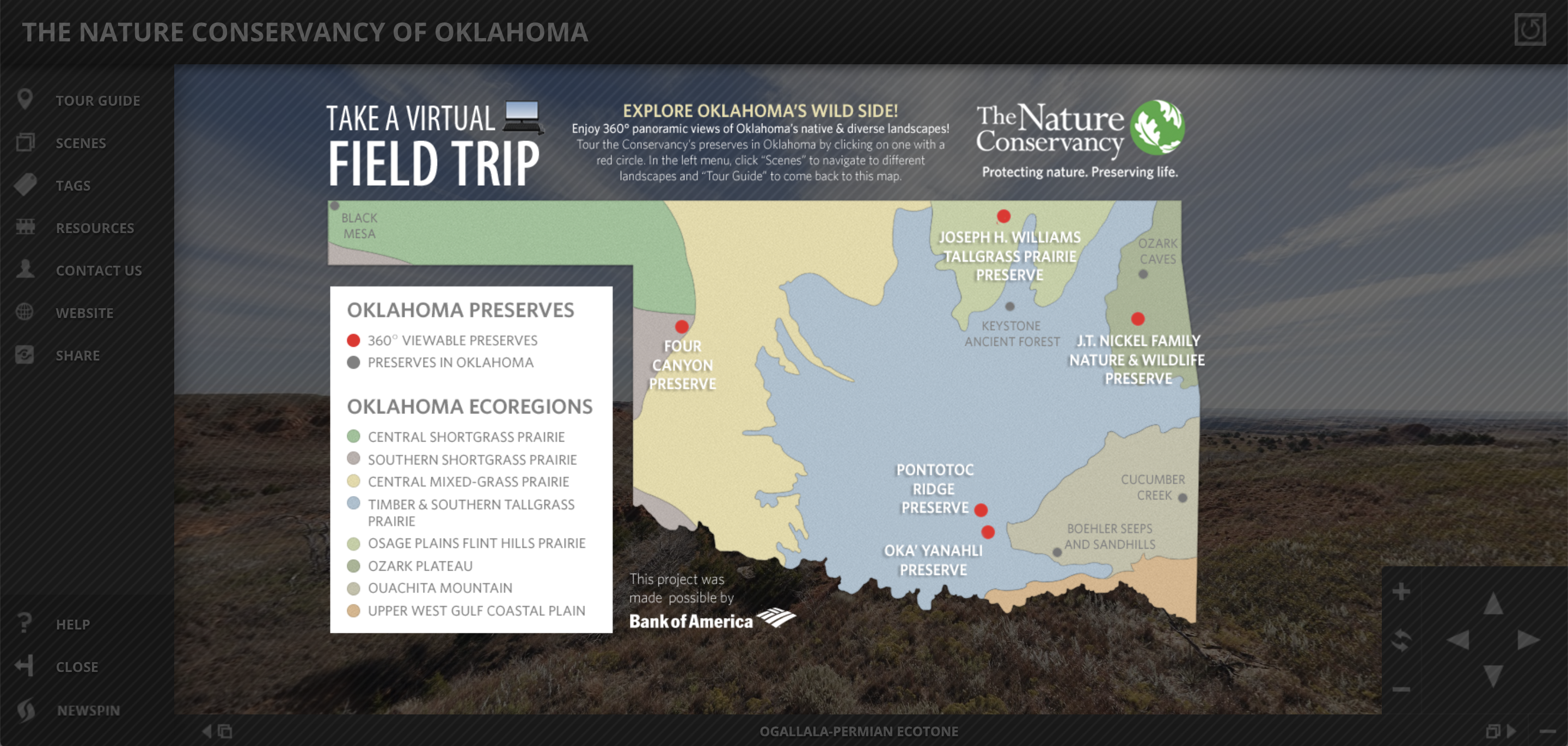 Map of Oklahoma preserves in OK360 virtual tour.